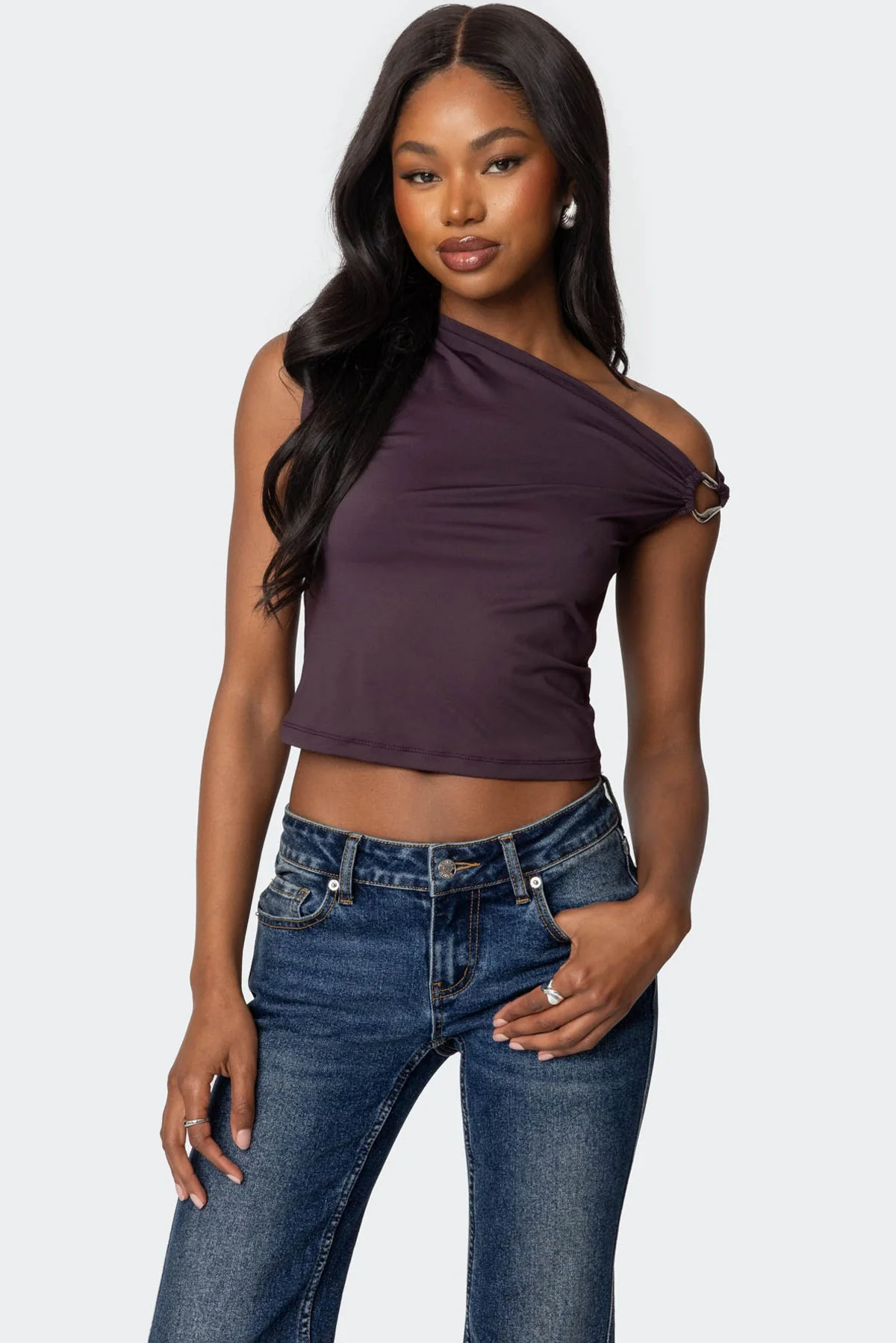 Purple Asymmetric Top with Abstract Metal Ring Detail