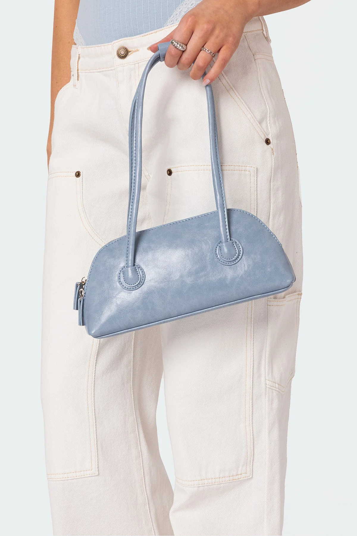 Light Blue Faux Leather Shoulder Bag