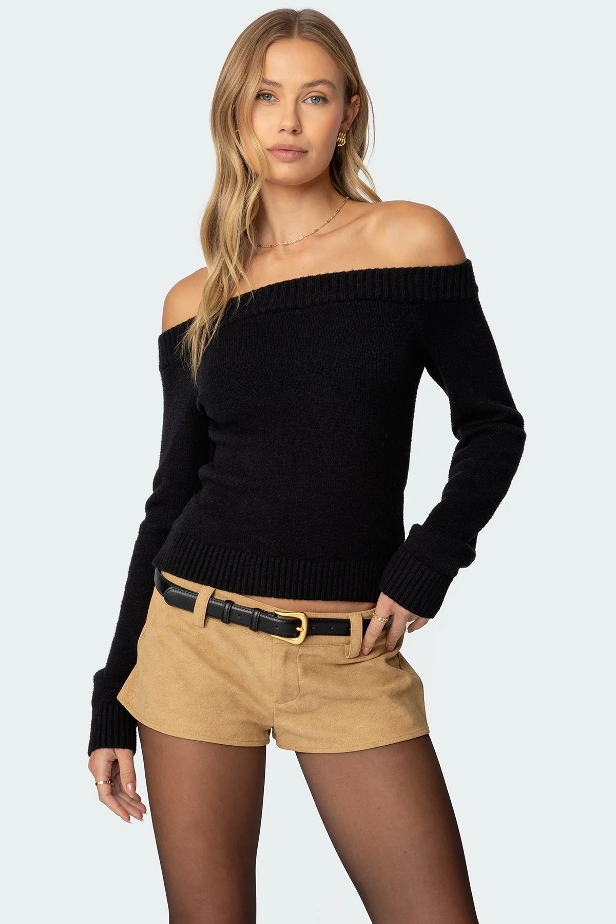 Black Off-Shoulder Knit Sweater