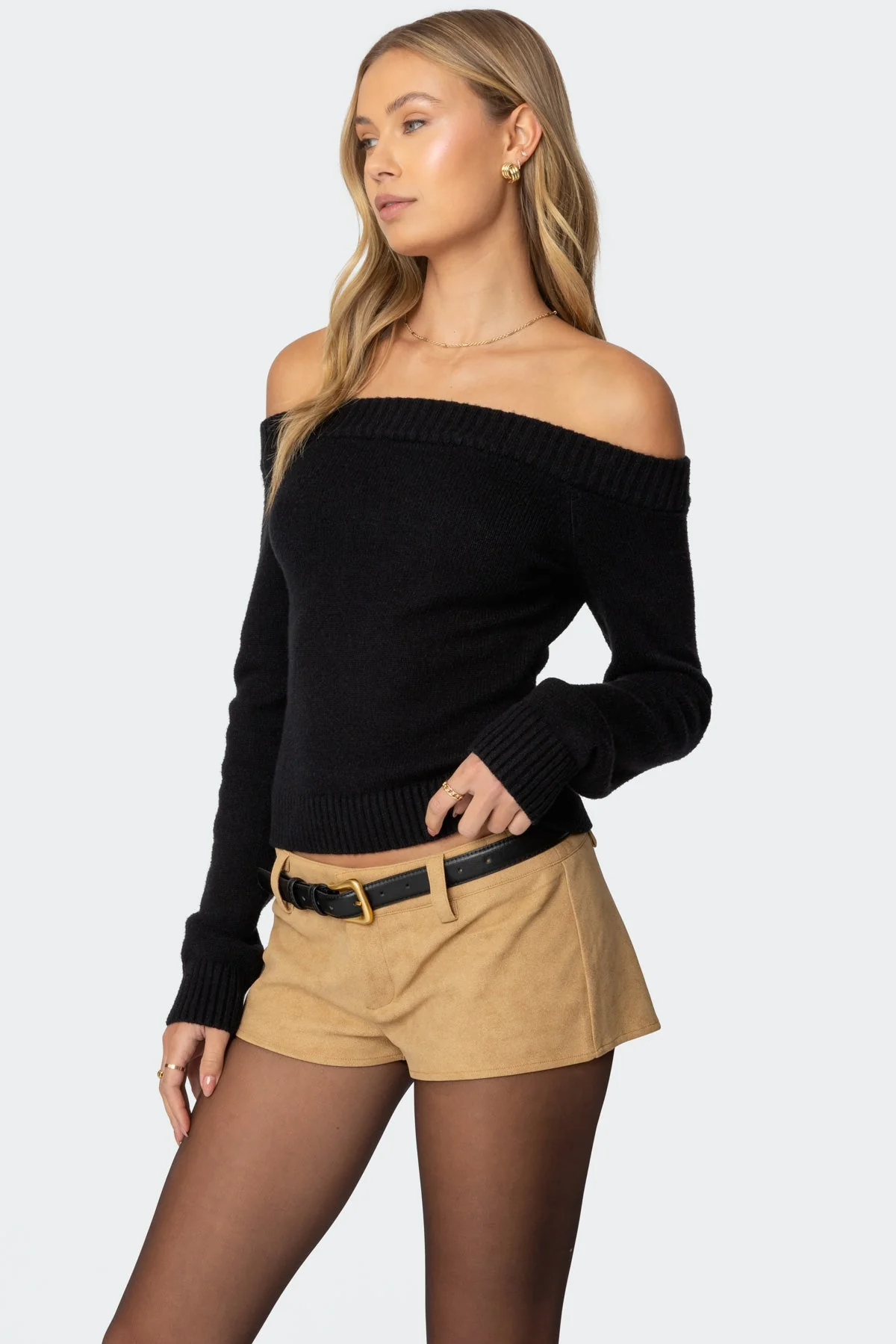 Black Off-Shoulder Knit Sweater
