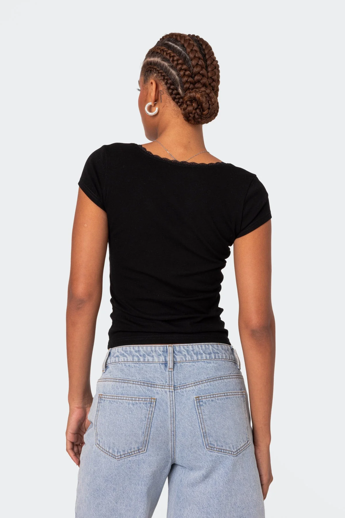 Black Bow Detail Lace Trim T-Shirt Womens Loungewear
