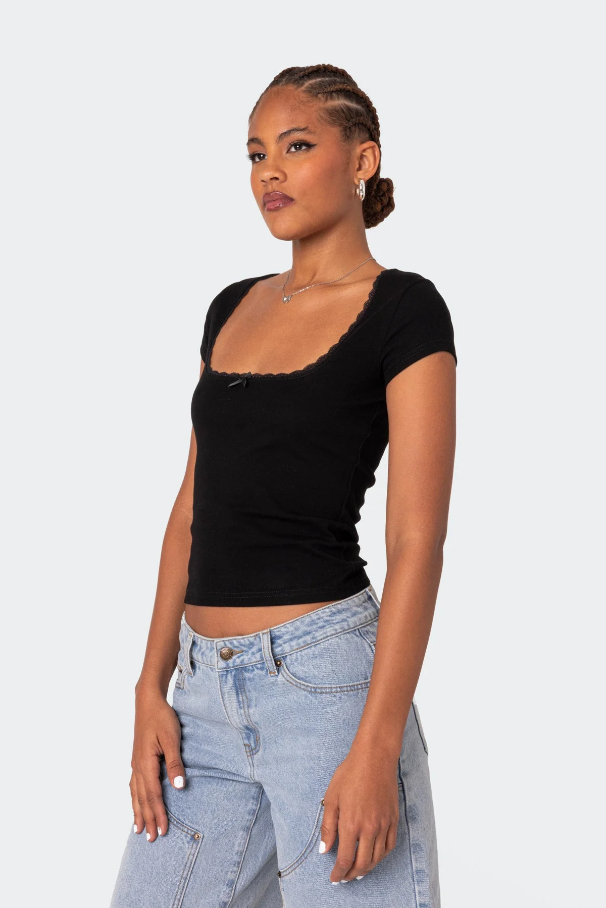 Black Bow Detail Lace Trim T-Shirt Womens Loungewear