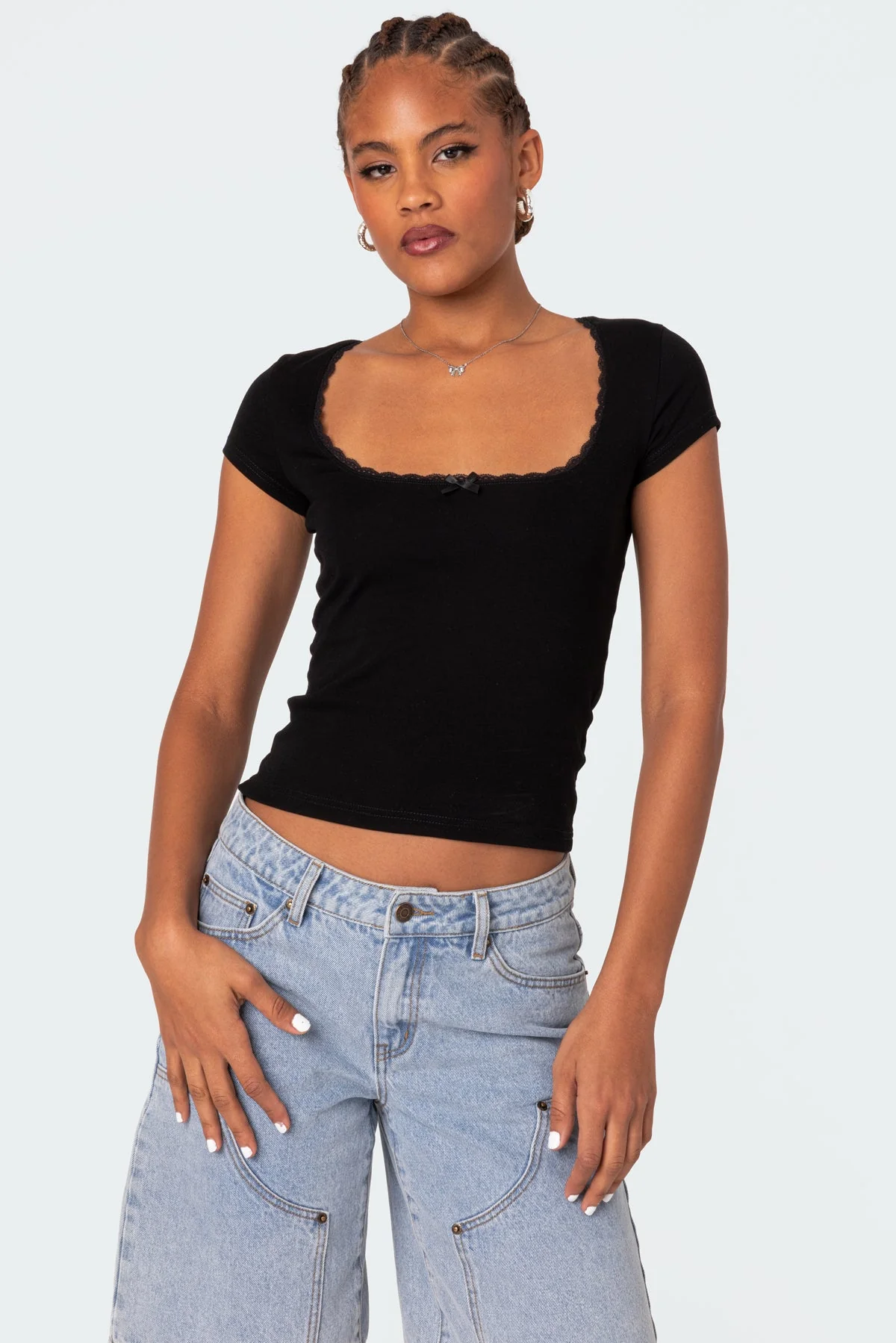 Black Bow Detail Lace Trim T-Shirt Womens Loungewear