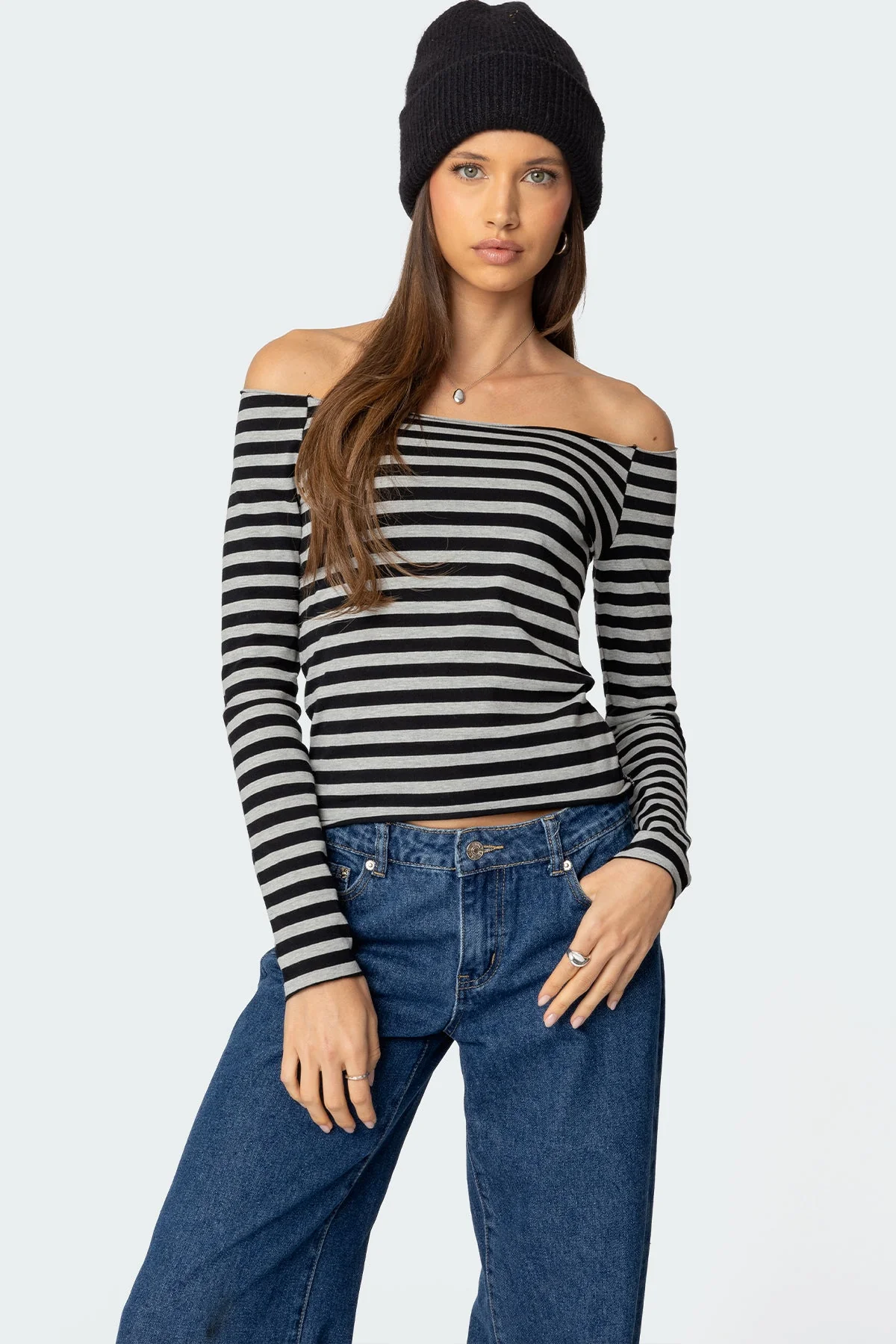 Gray Melange Off Shoulder Striped Top with Raw Hem