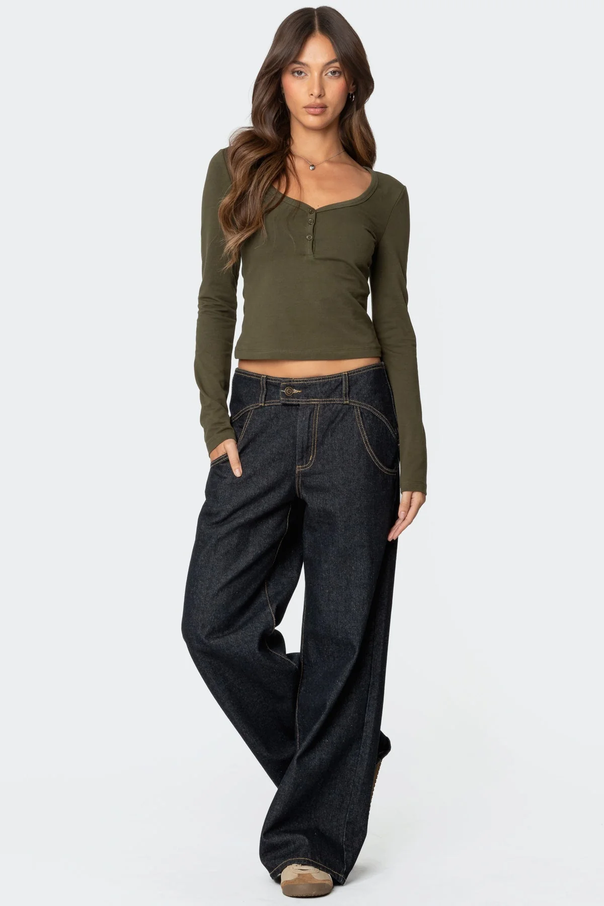 Olive Henley Top Long Sleeves Button Detail Cotton Spandex