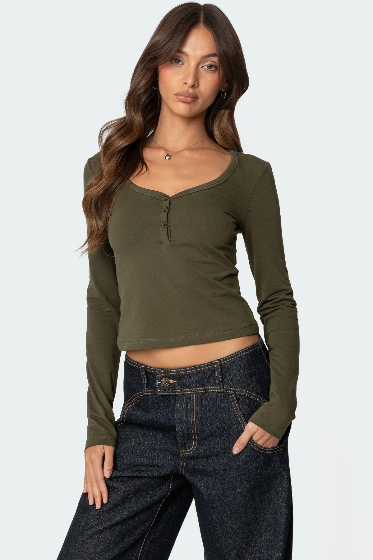 Olive Henley Top Long Sleeves Button Detail Cotton Spandex