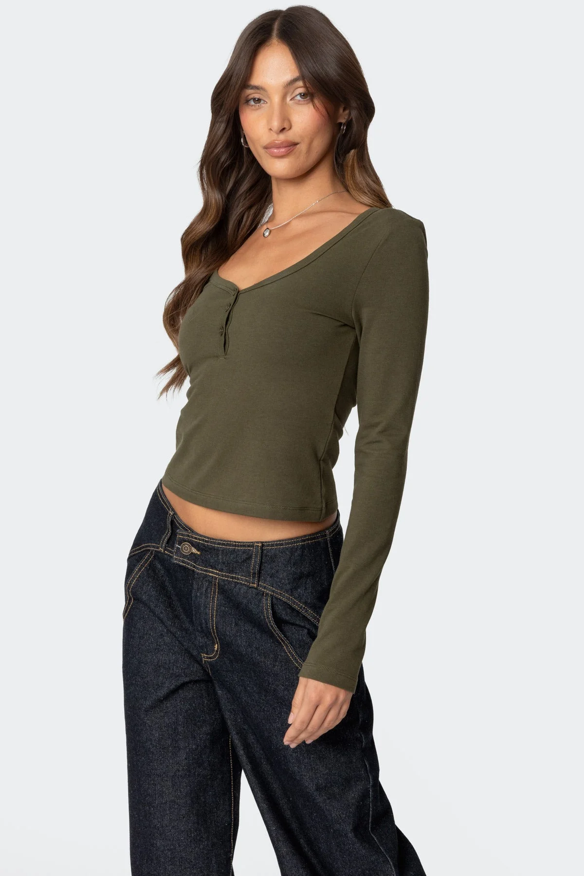 Olive Henley Top Long Sleeves Button Detail Cotton Spandex
