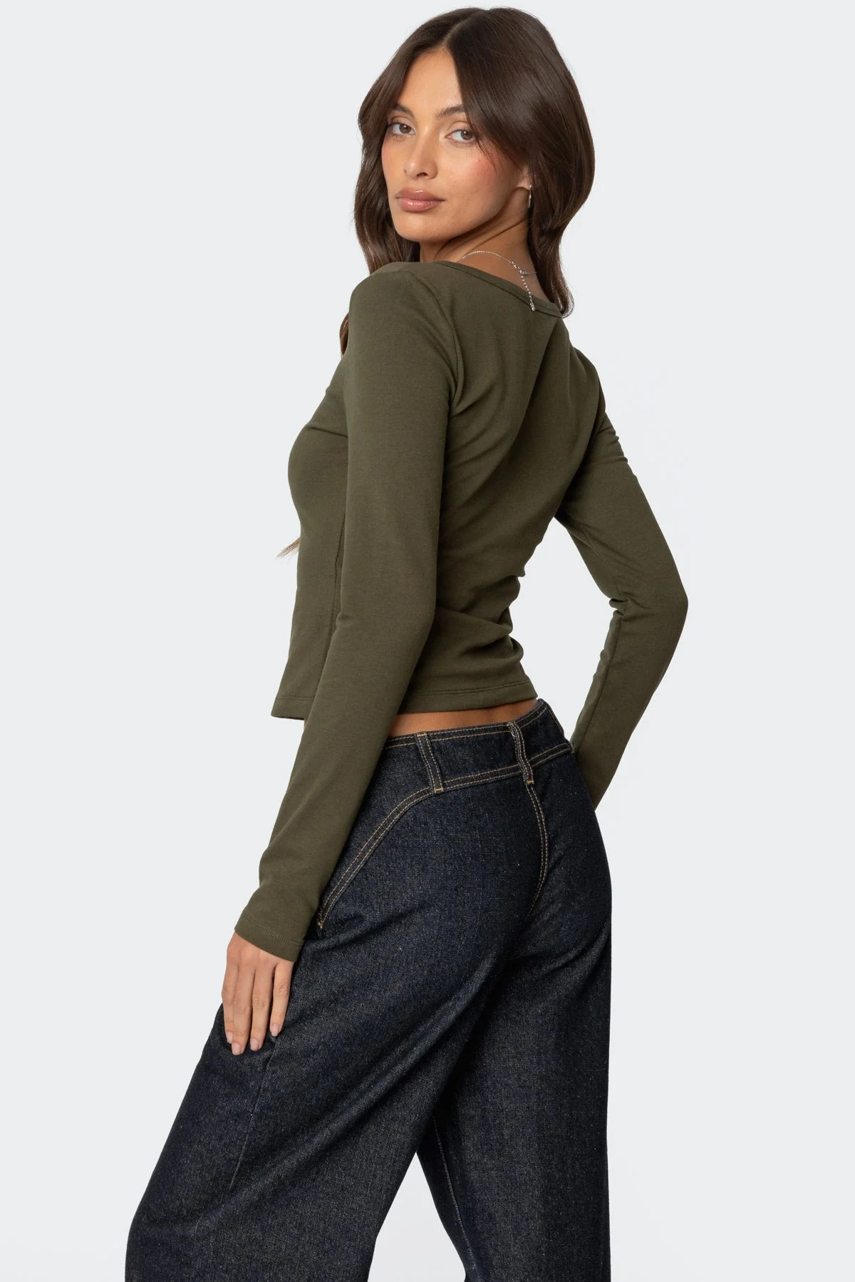 Olive Henley Top Long Sleeves Button Detail Cotton Spandex