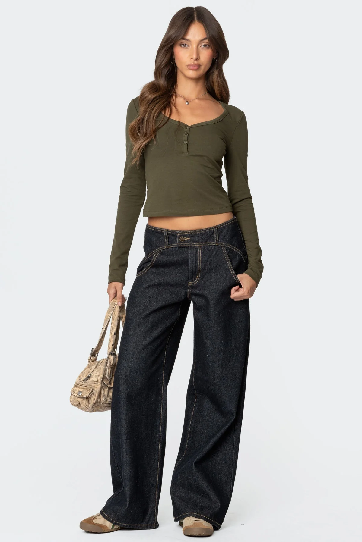 Olive Henley Top Long Sleeves Button Detail Cotton Spandex