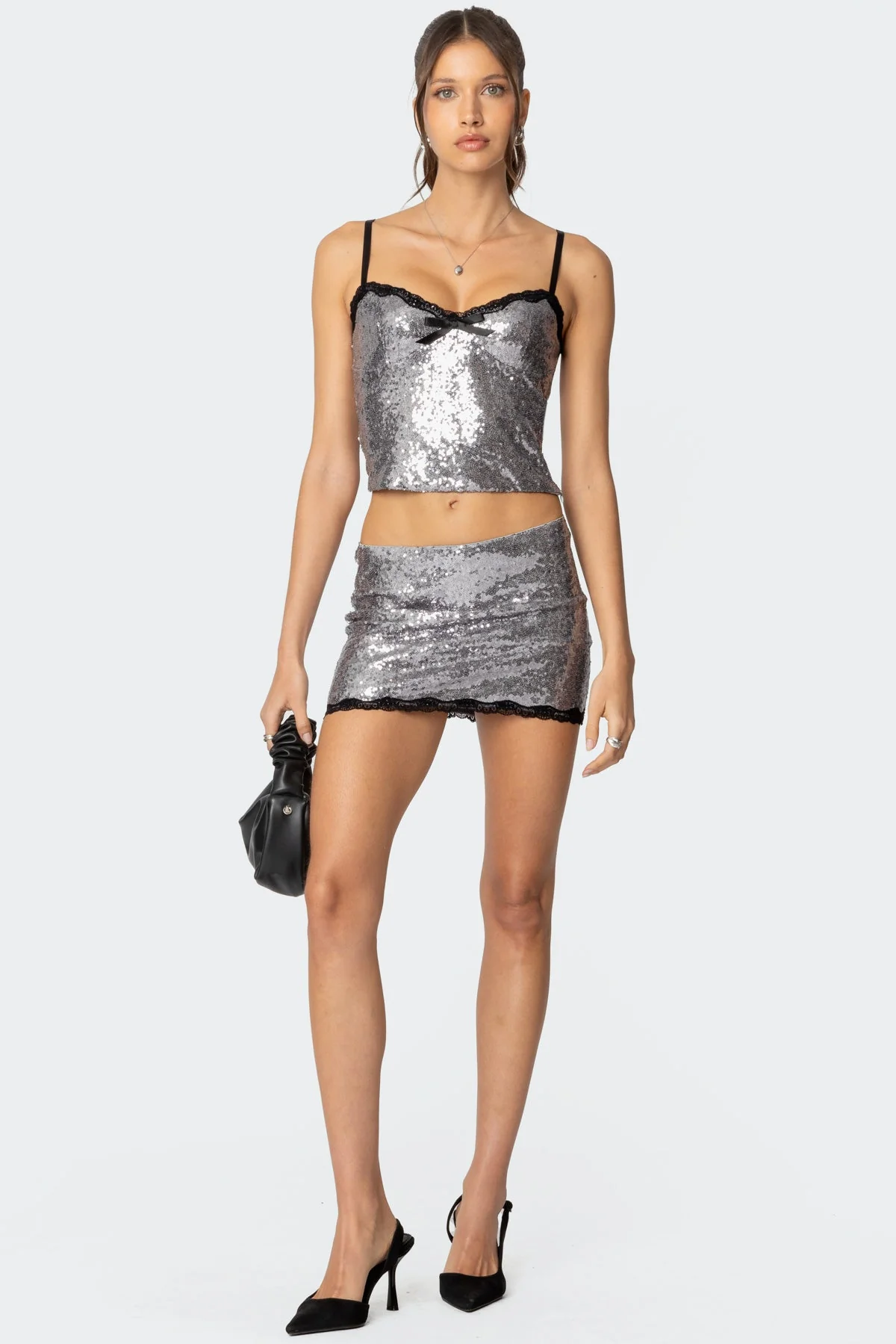 Silver Sequin Lace Trim Tank Top