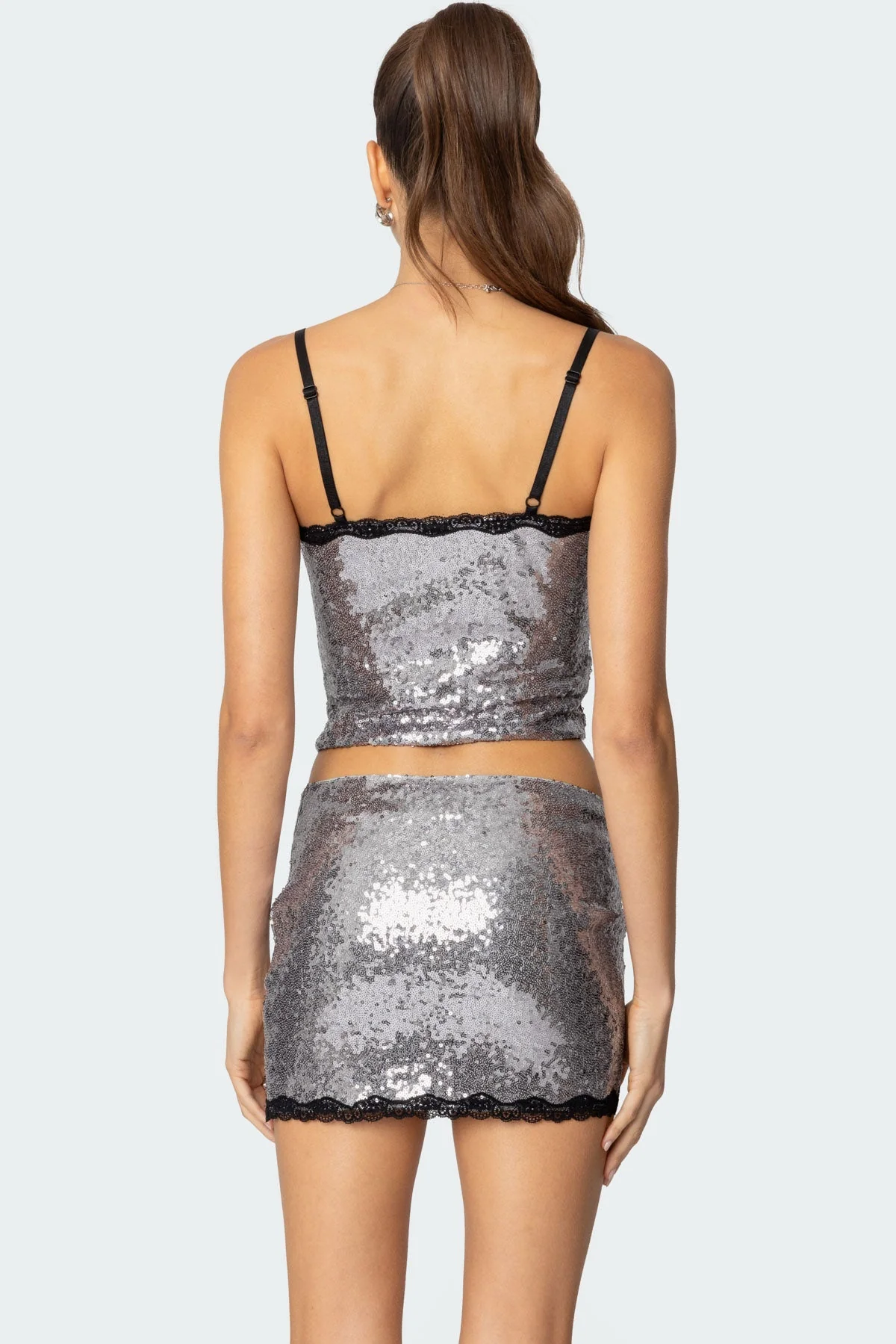 Silver Sequin Lace Trim Tank Top