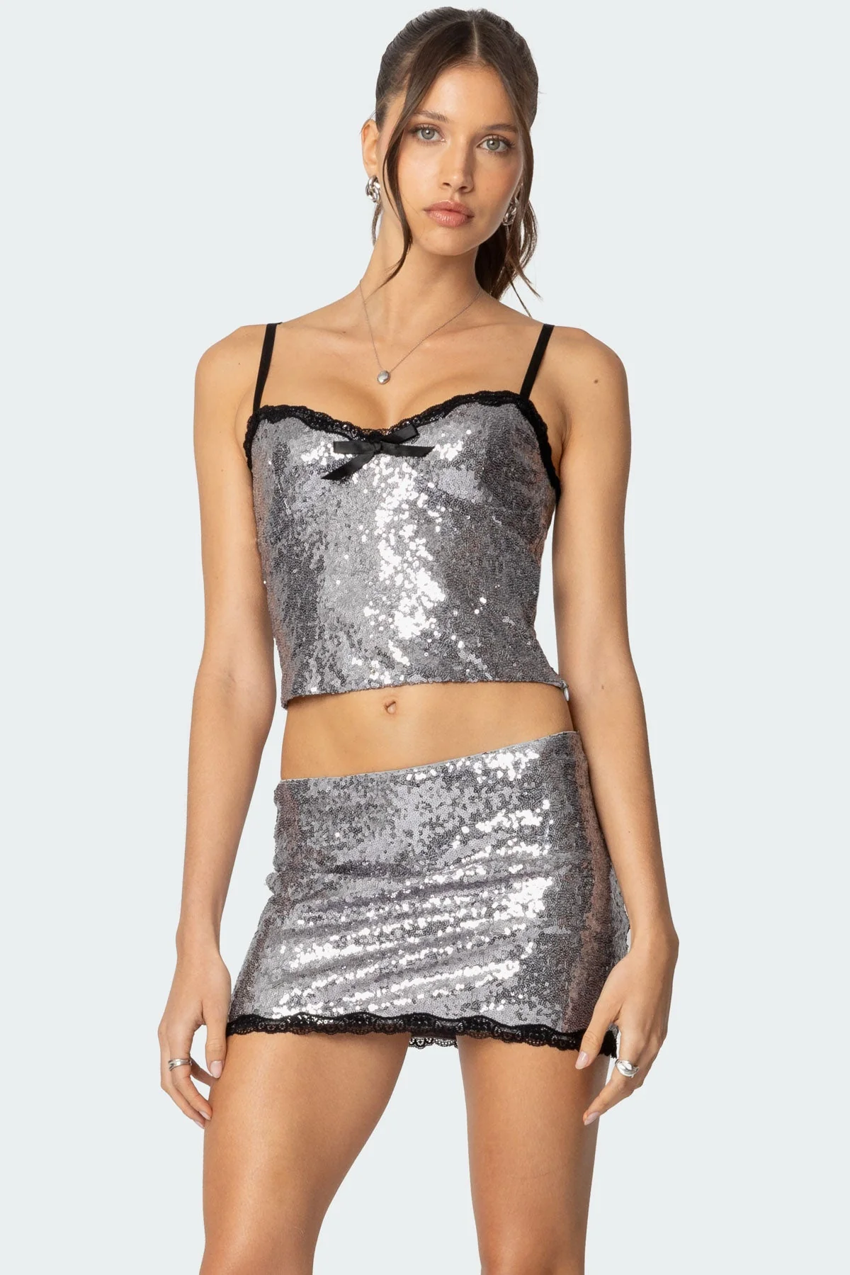 Silver Sequin Lace Trim Tank Top