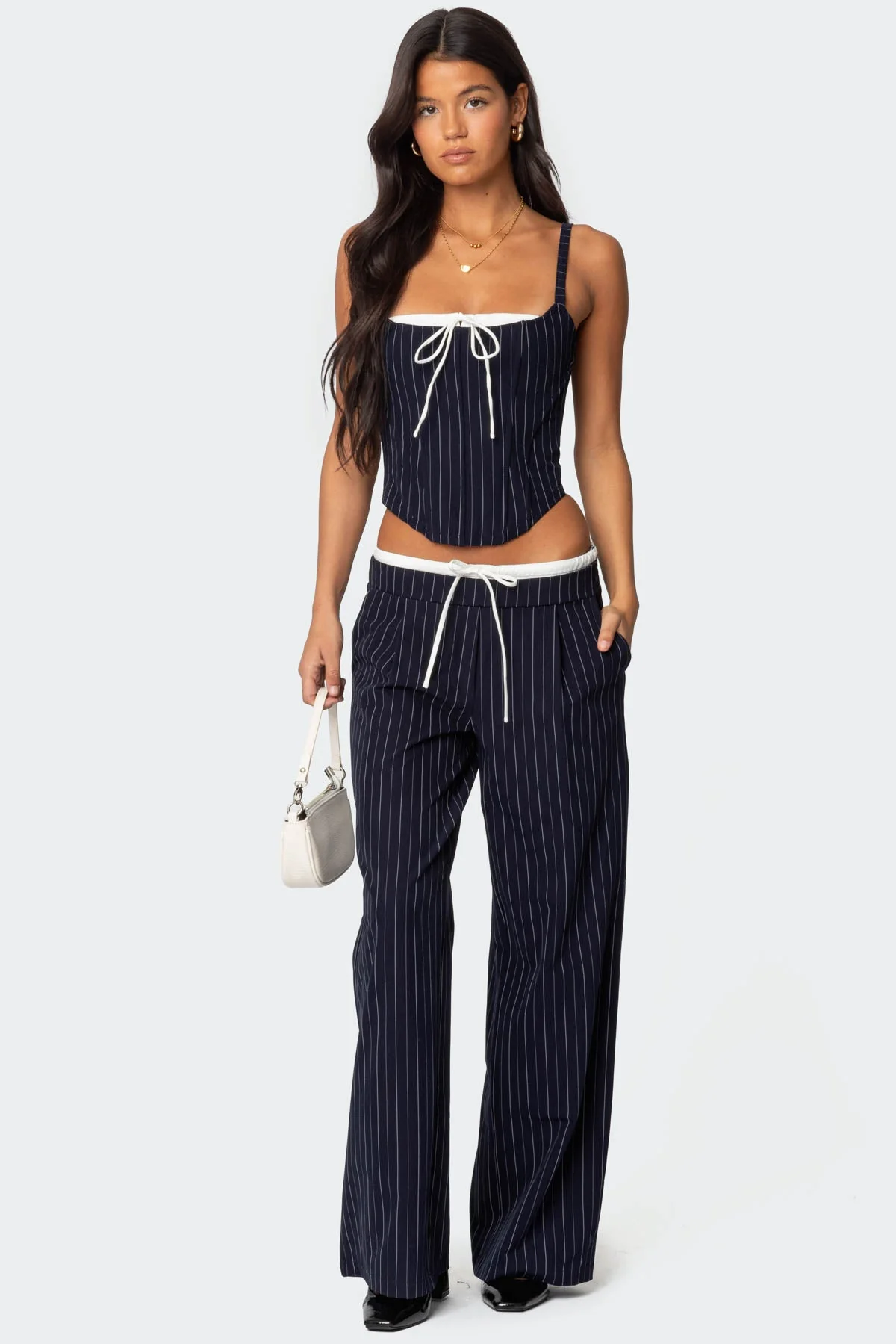 Navy and White Pinstripe Drawstring Pants Set