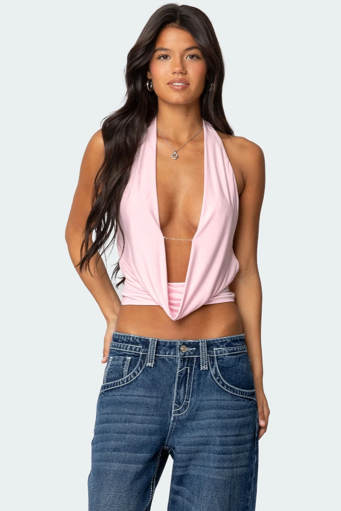 Light Pink Cowl Neck Halter Top
