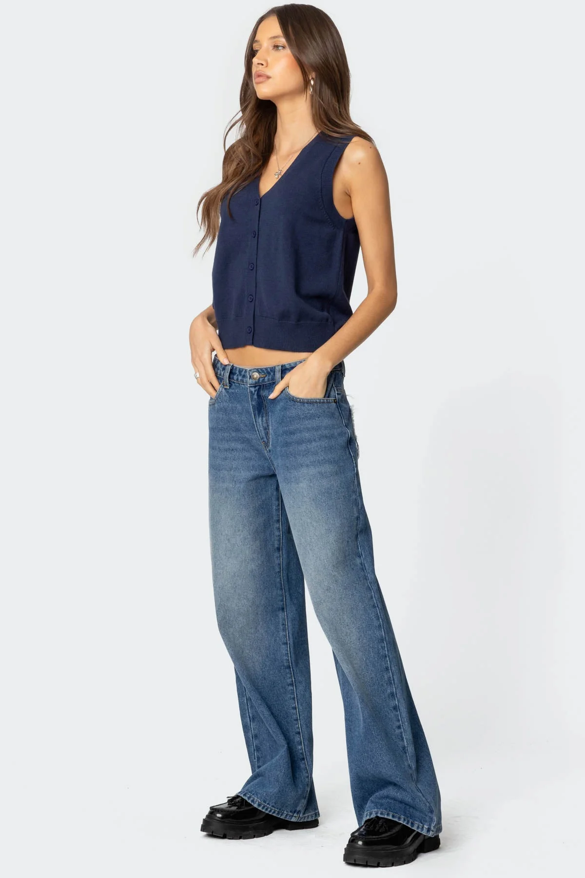 Navy Knit Button-Up Cardigan Vest