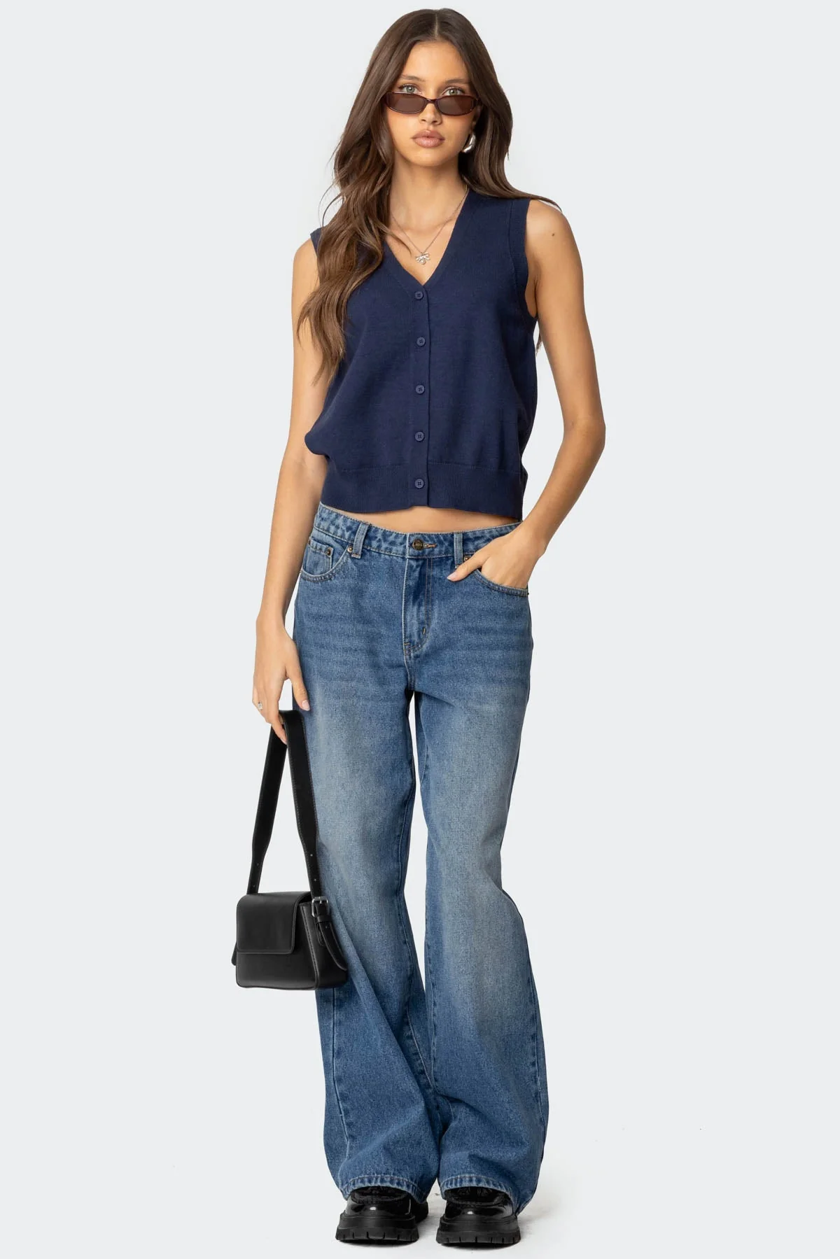 Navy Knit Button-Up Cardigan Vest