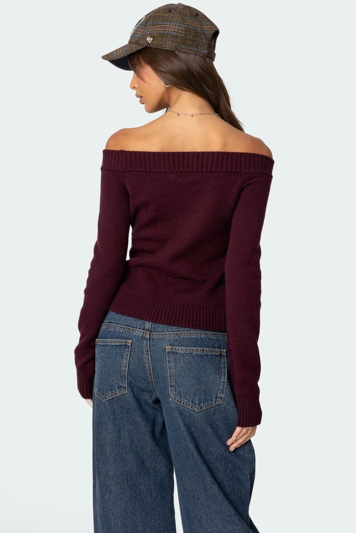 Burgundy Off Shoulder Knit Sweater