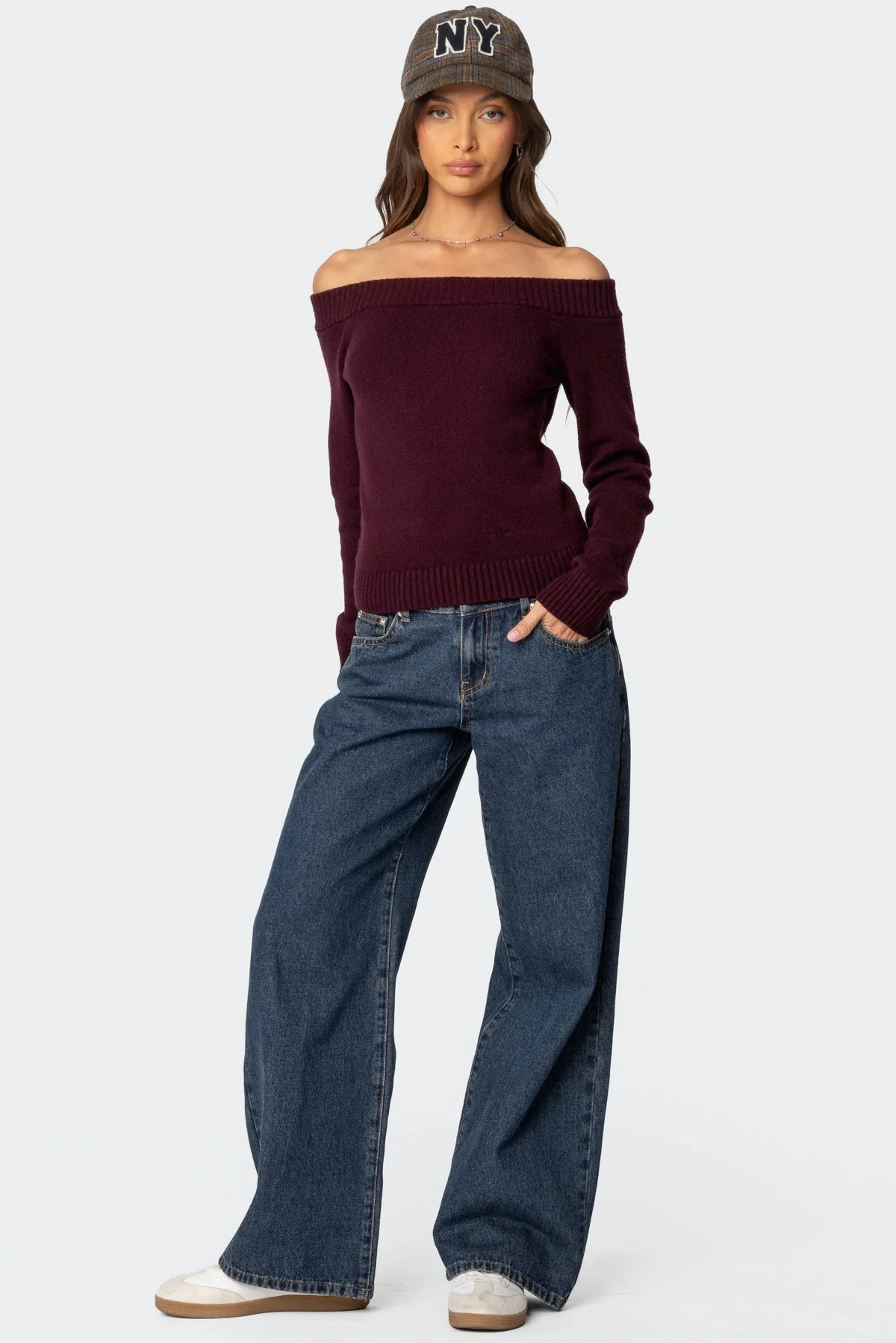 Burgundy Off Shoulder Knit Sweater