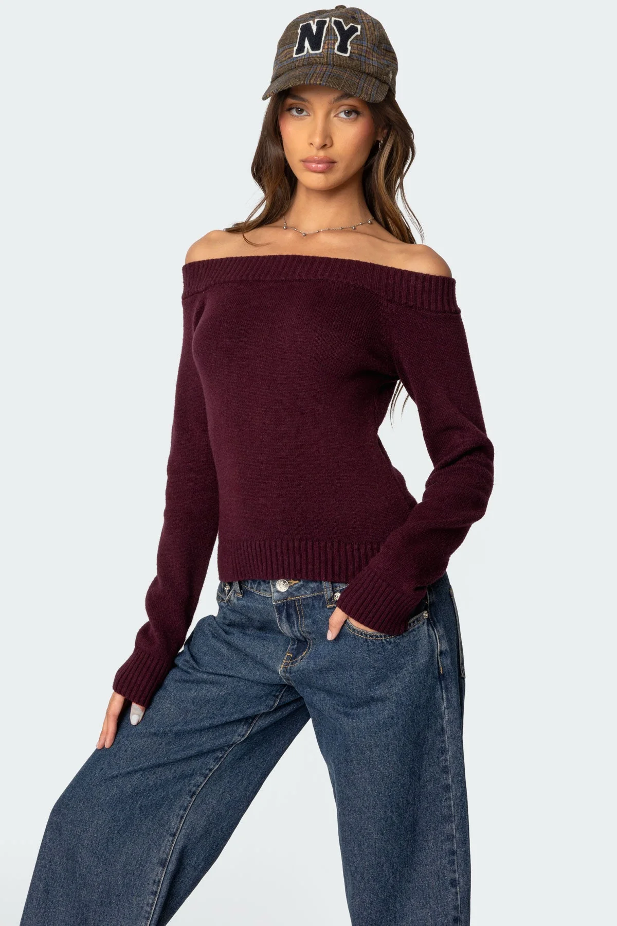 Burgundy Off Shoulder Knit Sweater