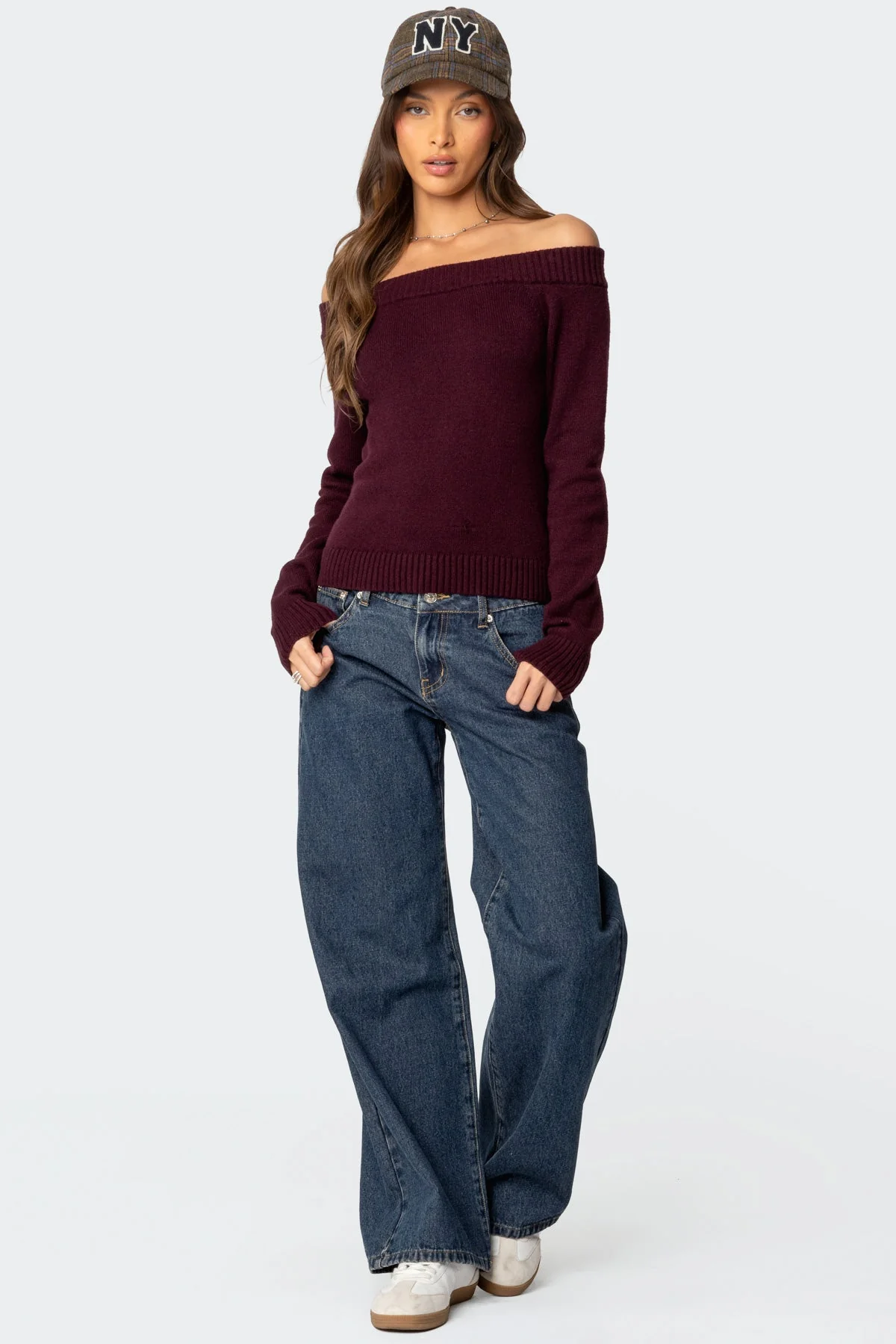 Burgundy Off Shoulder Knit Sweater