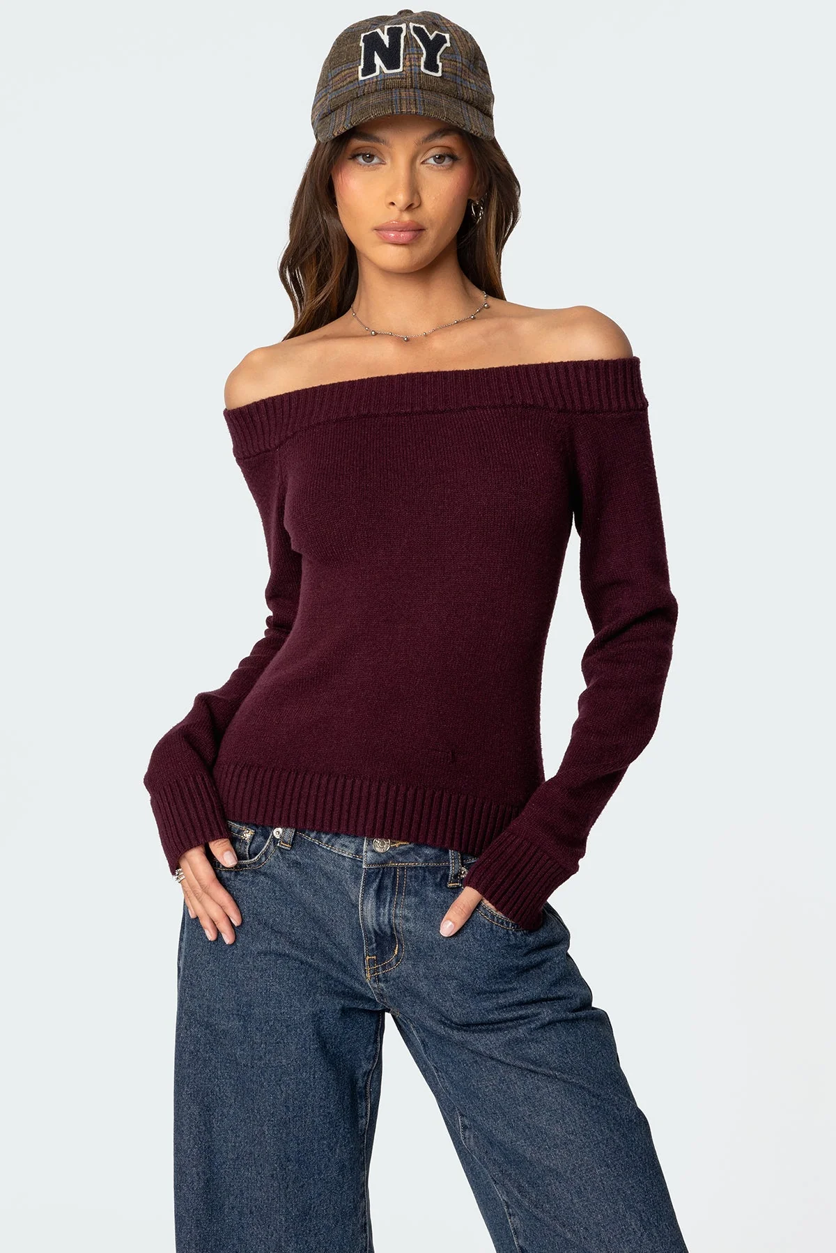 Burgundy Off Shoulder Knit Sweater