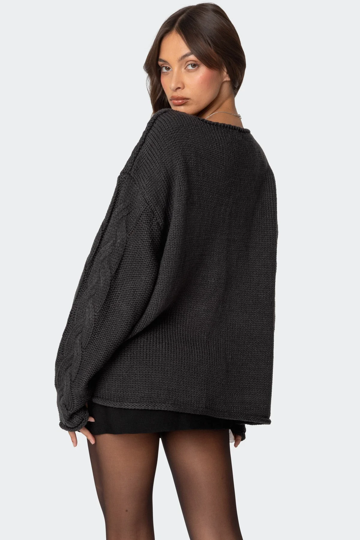 Dark Gray Cable Knit Oversized Sweater