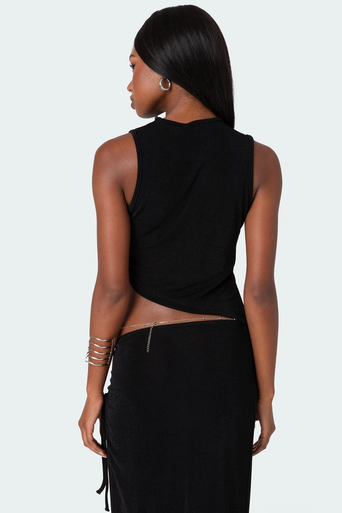 Stylish Black Asymmetric Top with Cut Out Detailing