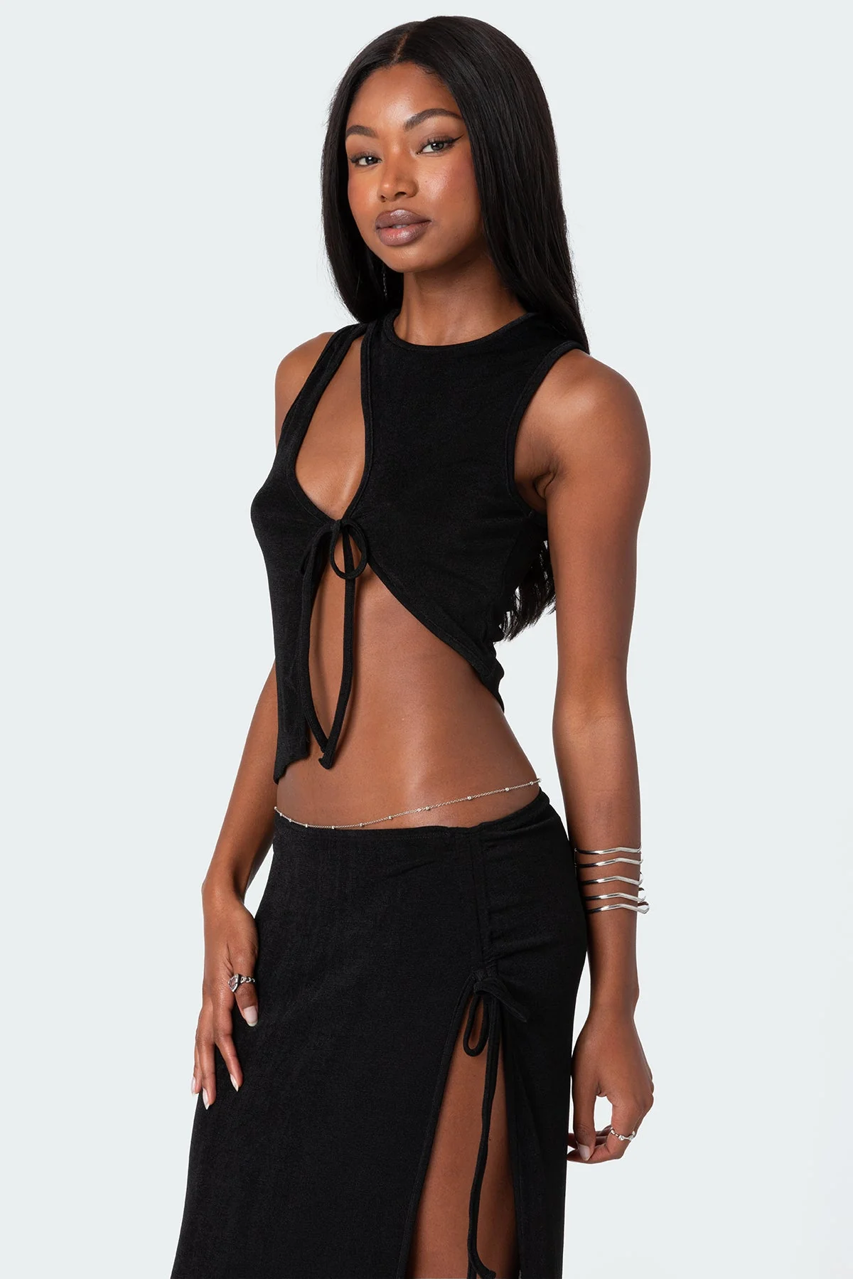Stylish Black Asymmetric Top with Cut Out Detailing