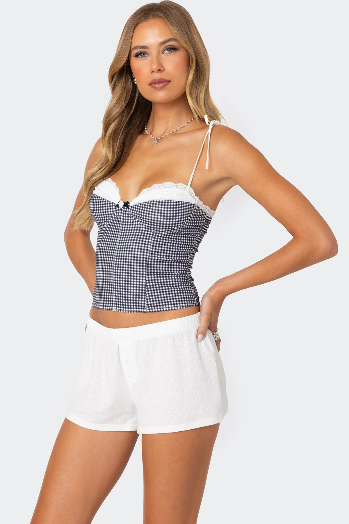 Gingham Corset with Lace Detail in Black & White