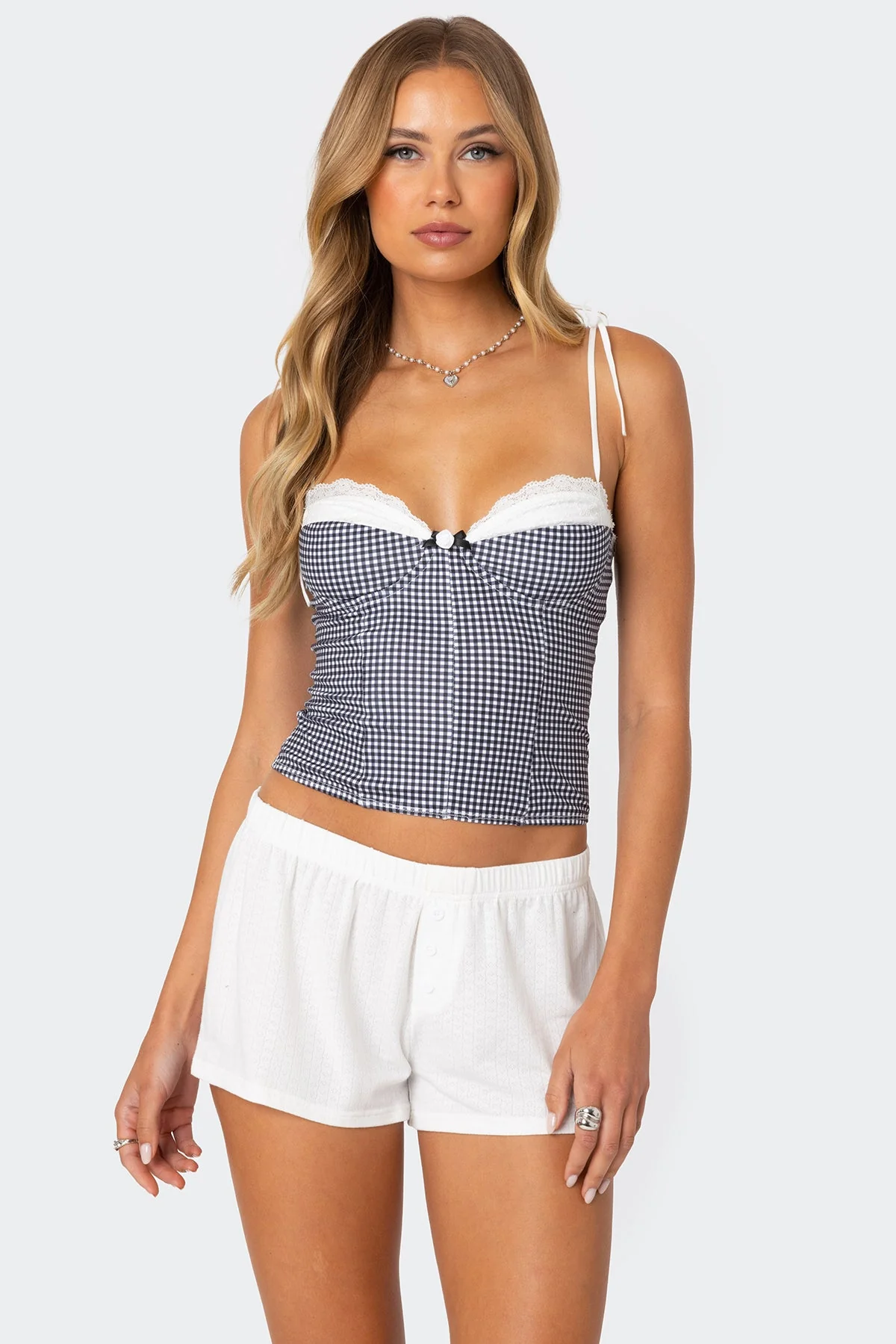 Gingham Corset with Lace Detail in Black & White