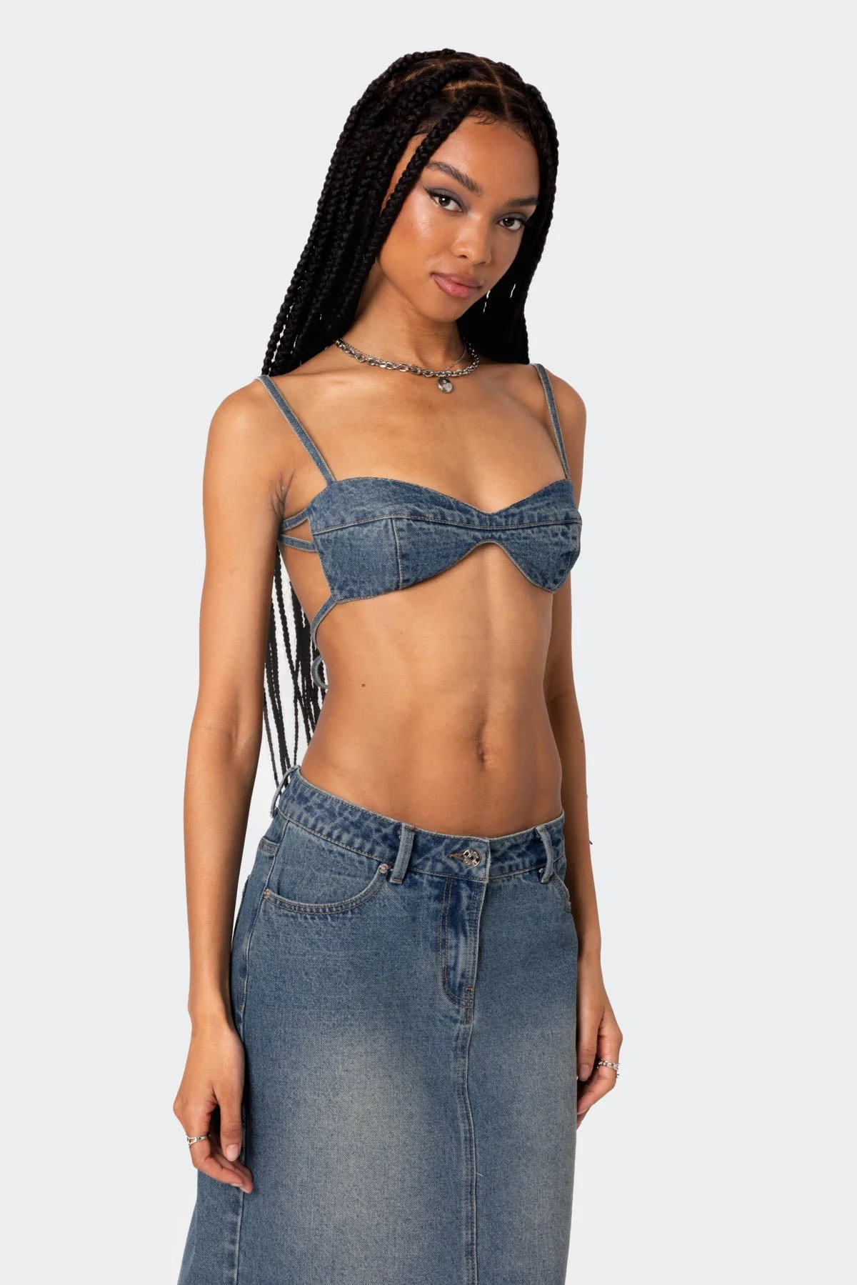 Blue Washed Denim Bralette - Cotton Double Back Tie Closure