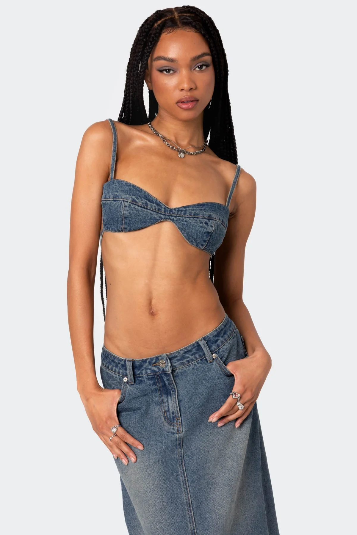 Blue Washed Denim Bralette - Cotton Double Back Tie Closure
