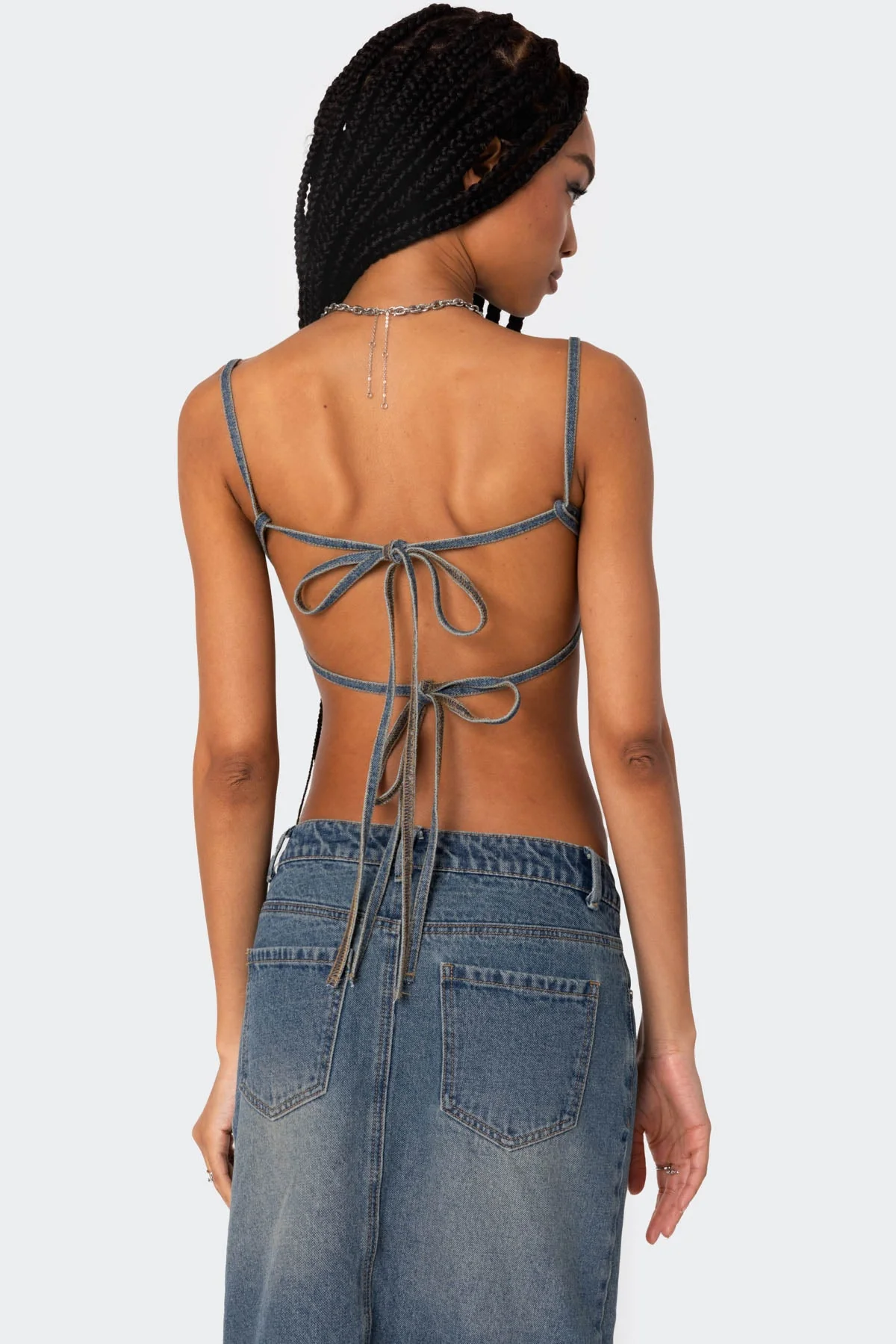 Blue Washed Denim Bralette - Cotton Double Back Tie Closure