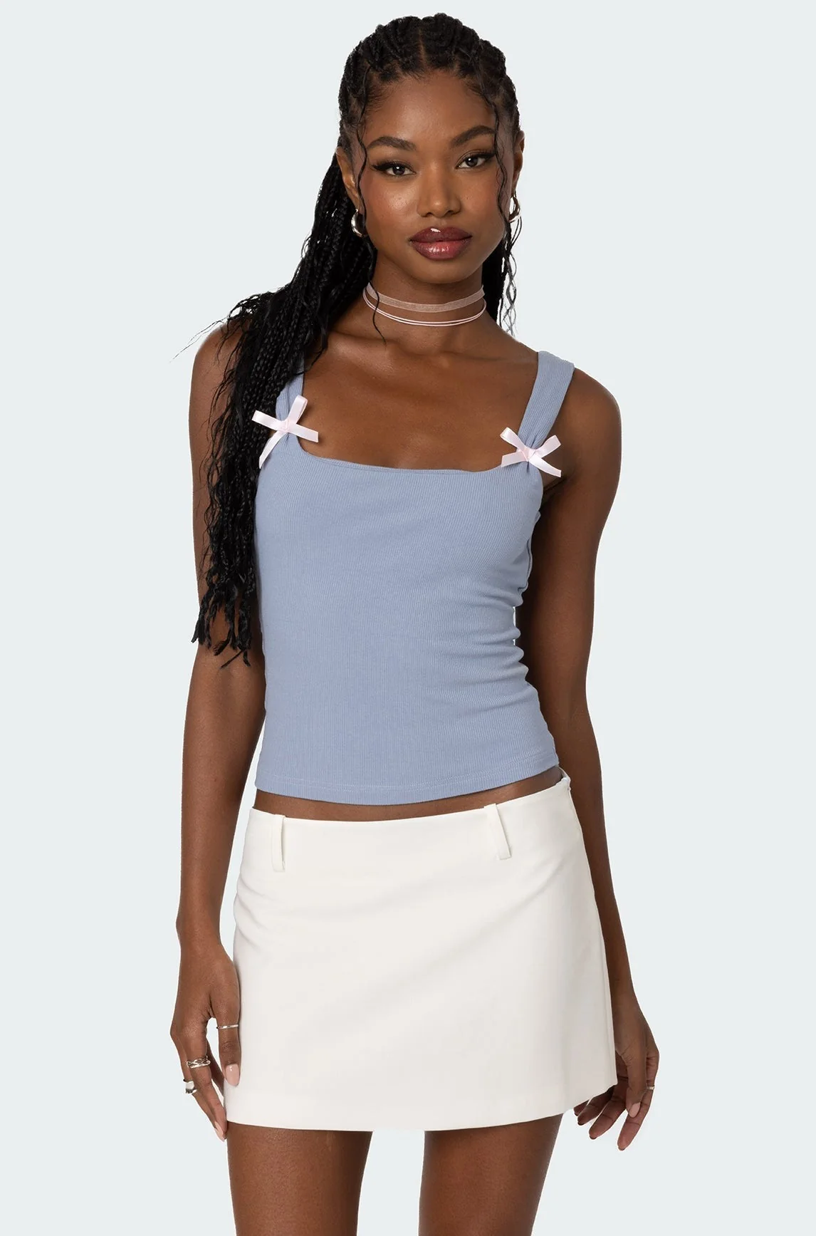 Blue Ribbed Tank Top with Double Bow Detailing