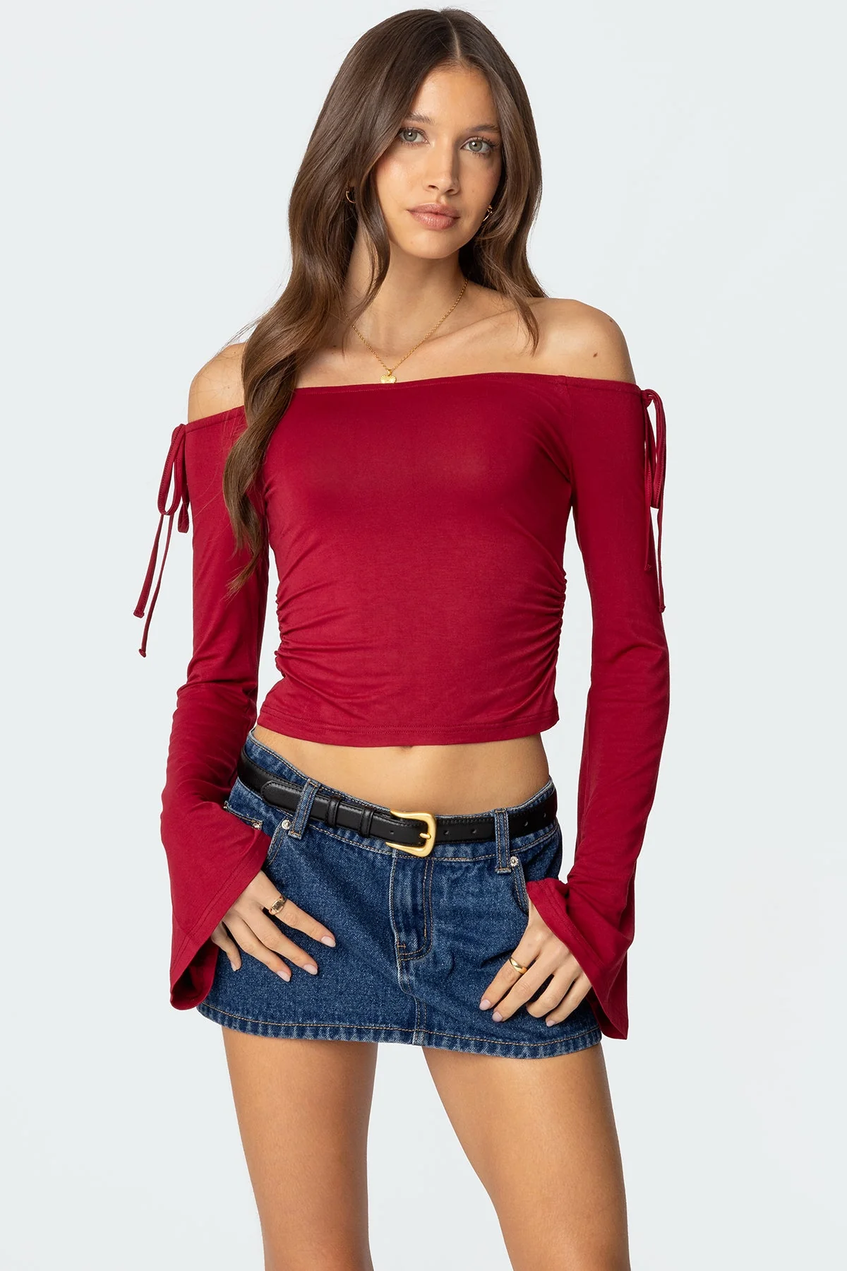 Burgundy Off Shoulder Long Sleeve Top for Women