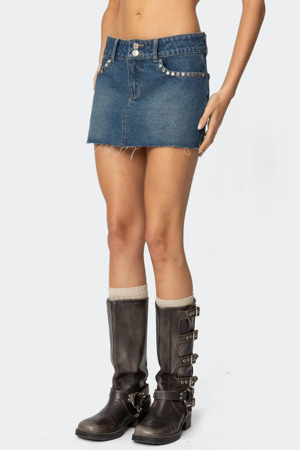 Studded Denim Mini Skirt - Dark Blue Raw Hem Design