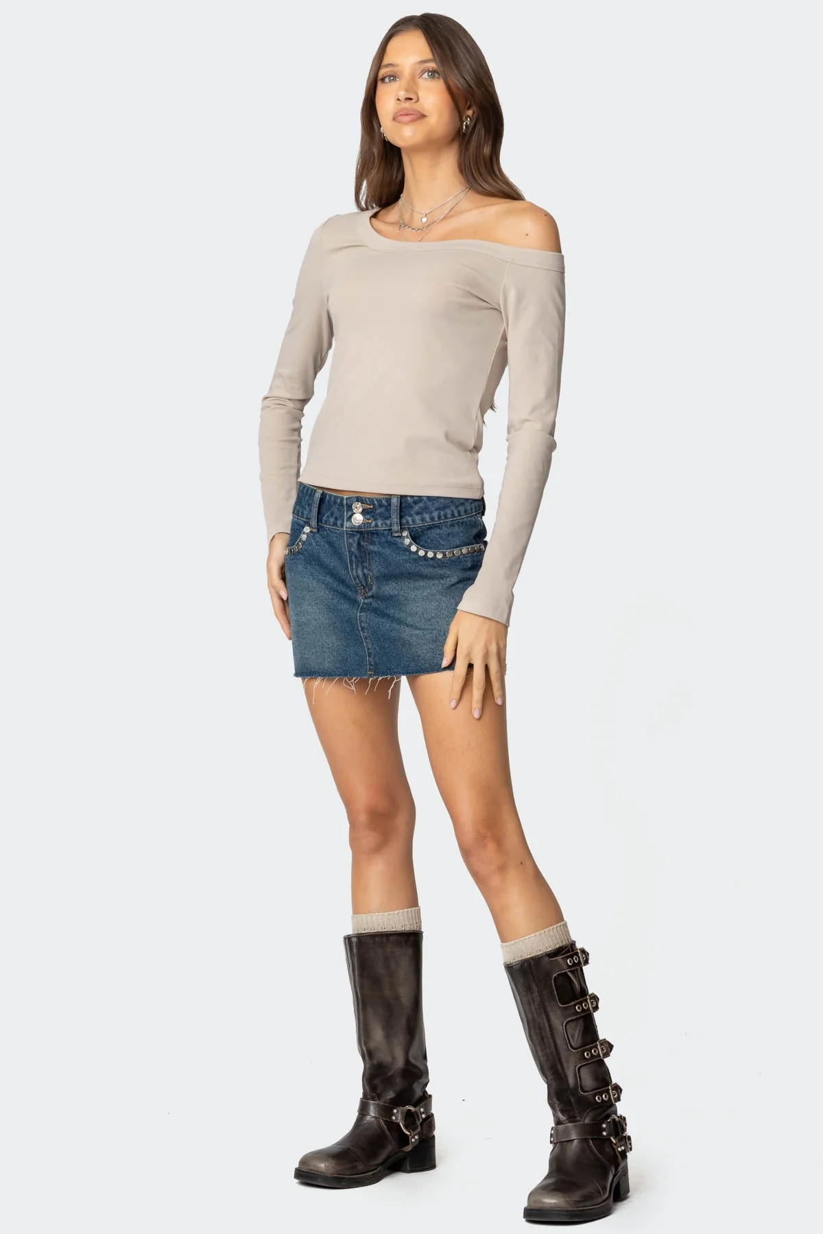 Studded Denim Mini Skirt - Dark Blue Raw Hem Design