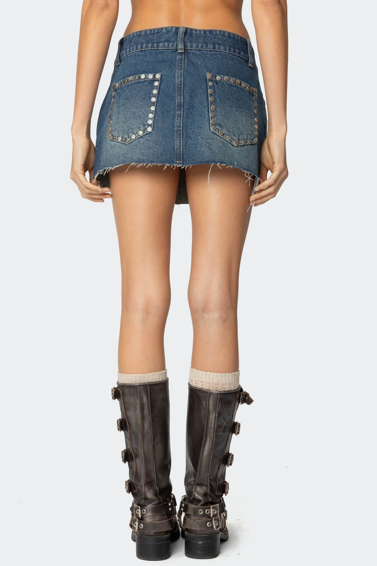 Studded Denim Mini Skirt - Dark Blue Raw Hem Design
