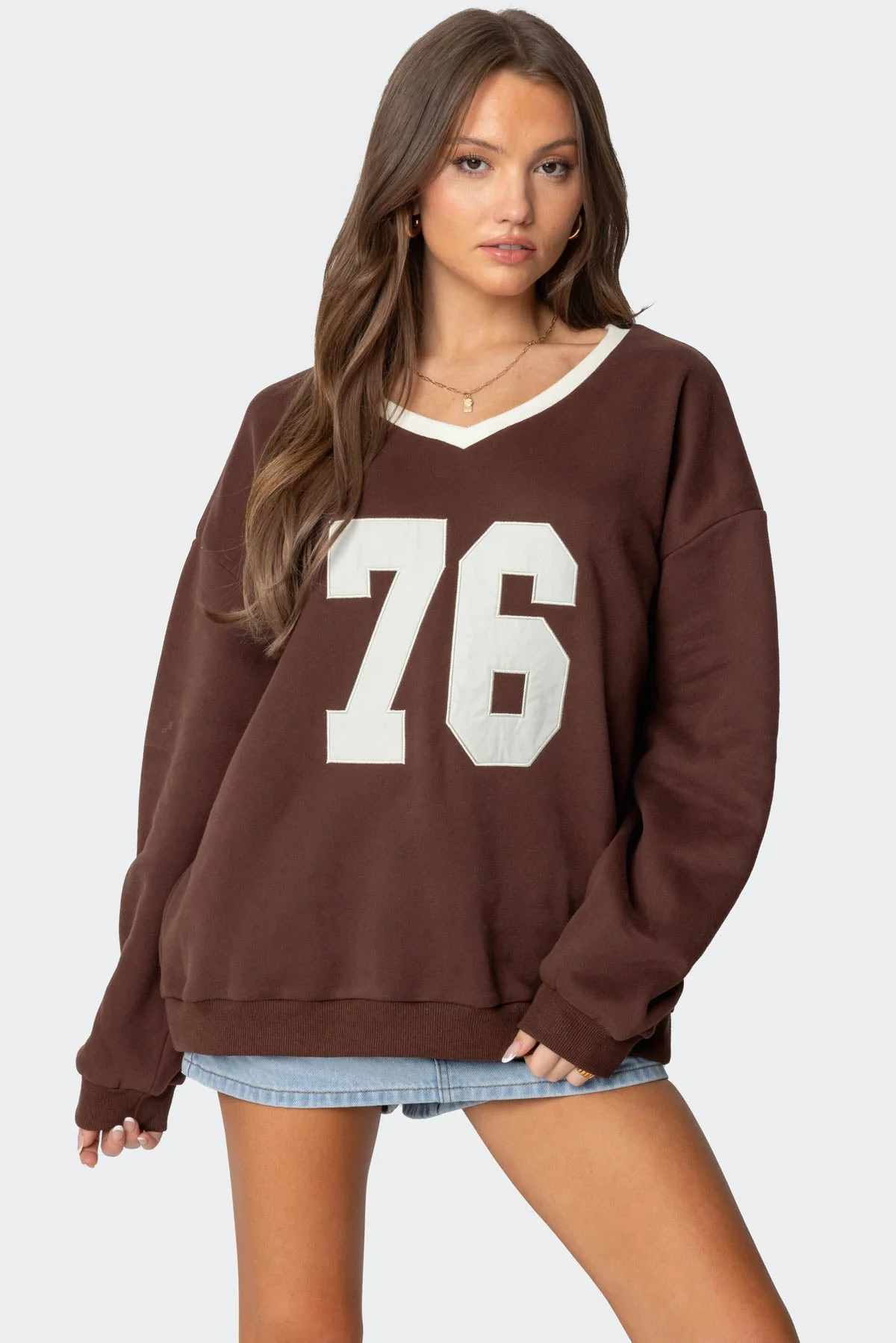 Brown Oversized V-Neck Sweatshirt for Women