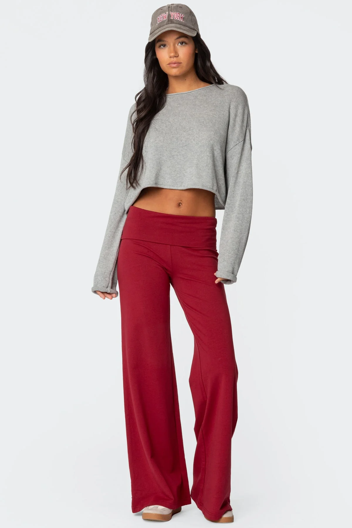 Burgundy Wide Leg Fold Pants - Comfy and Stylish