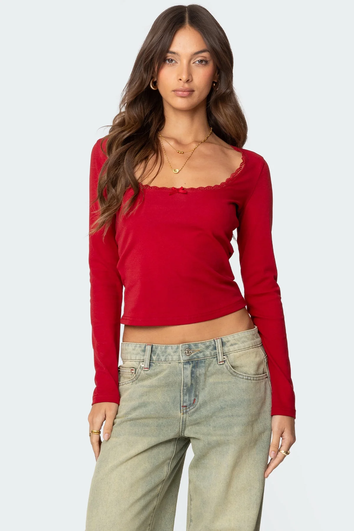 Ribbed Red Lace Trim T-Shirt | Cotton Spandex Blend