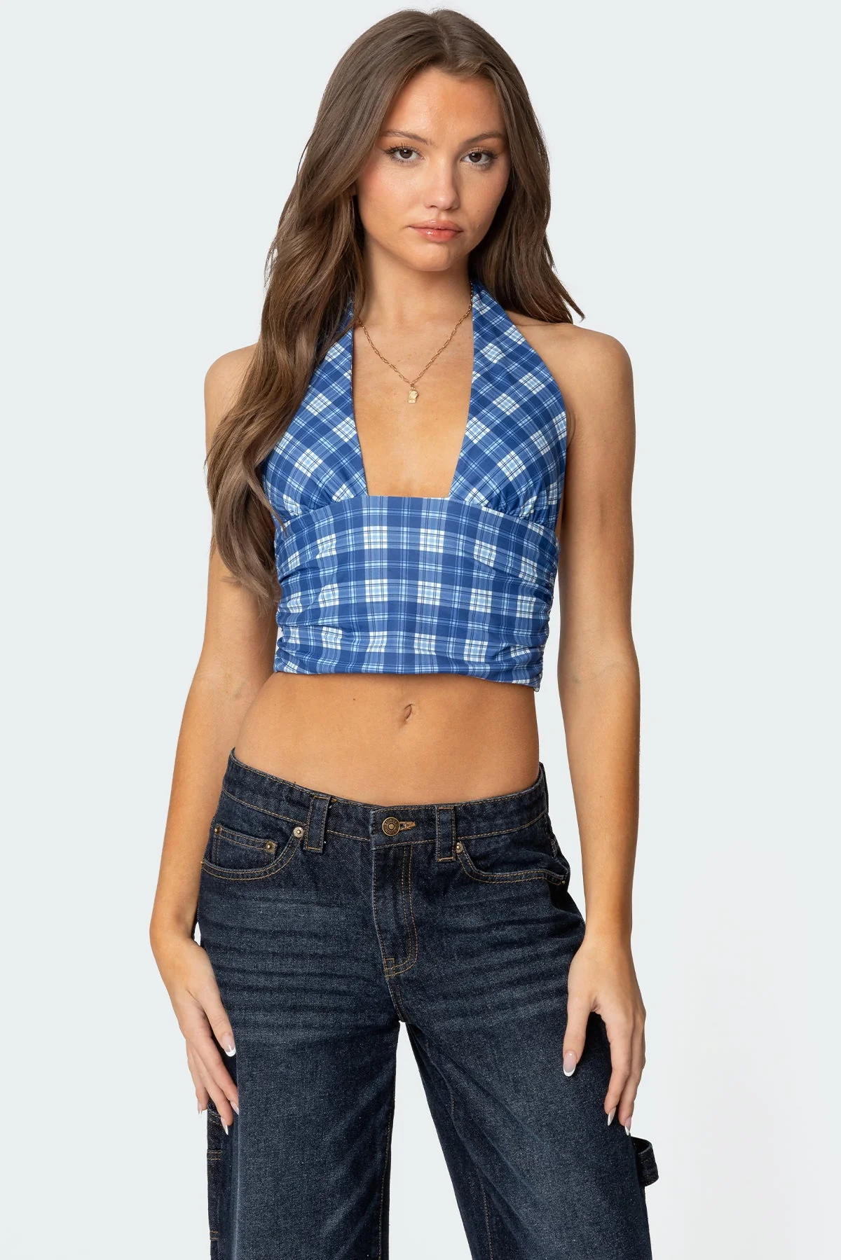 Blue Plaid Halter Neck Top