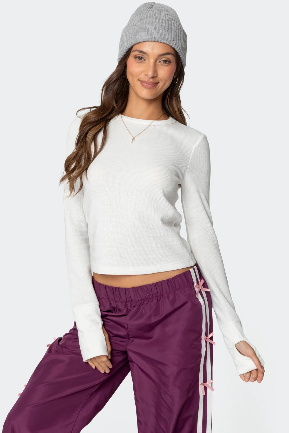 White Waffle Textured Long Sleeve T-Shirt with Thumb Holes