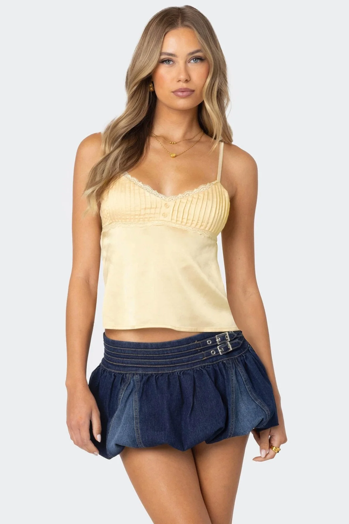 Yellow Satin Lace Trim Tank Top