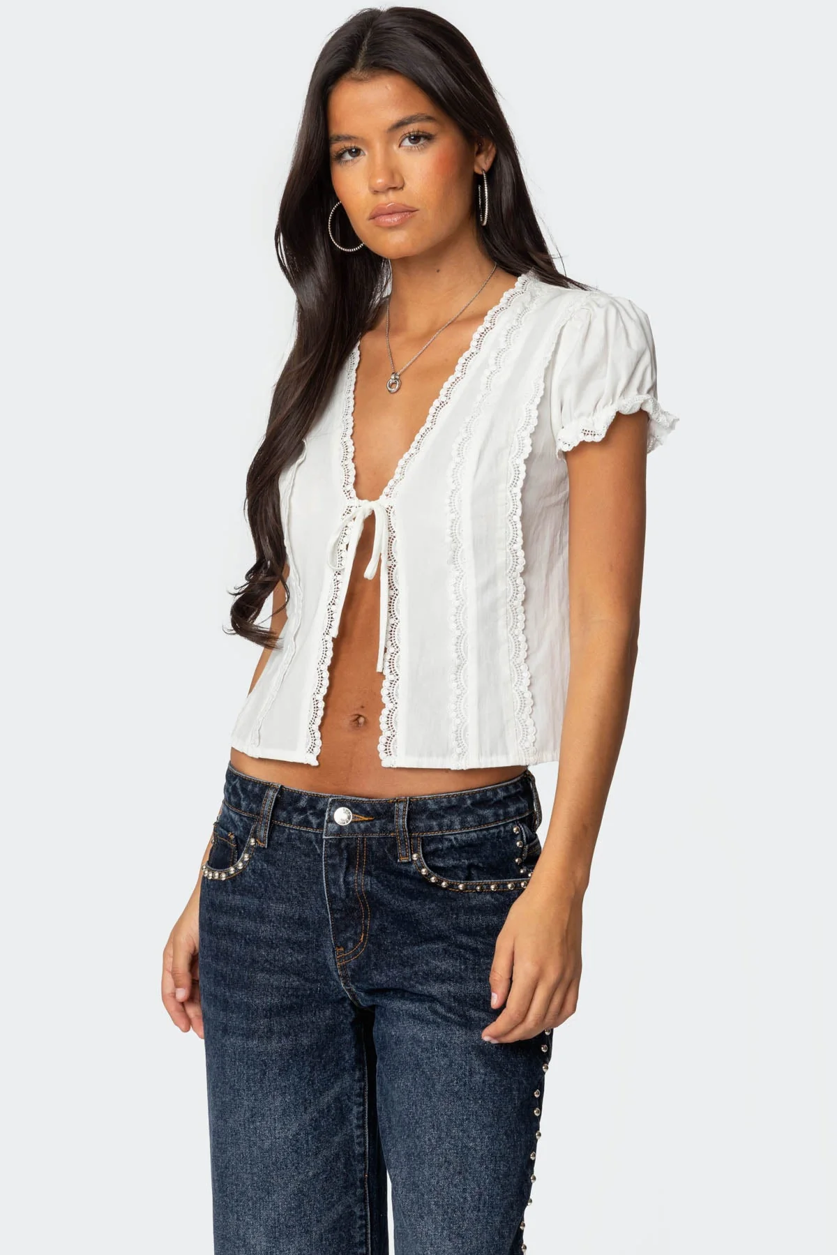 White Cotton Tie Front Top with Lace Trim