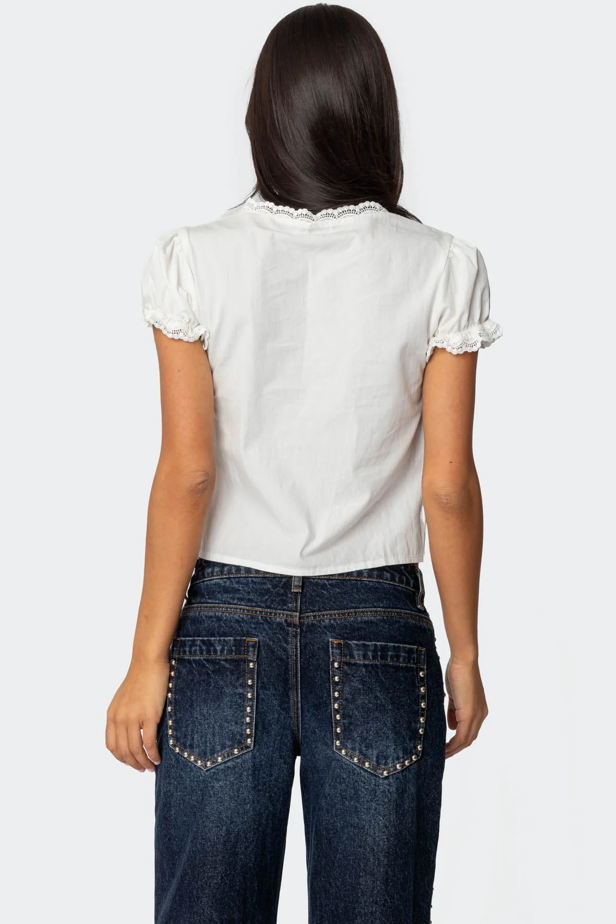 White Cotton Tie Front Top with Lace Trim