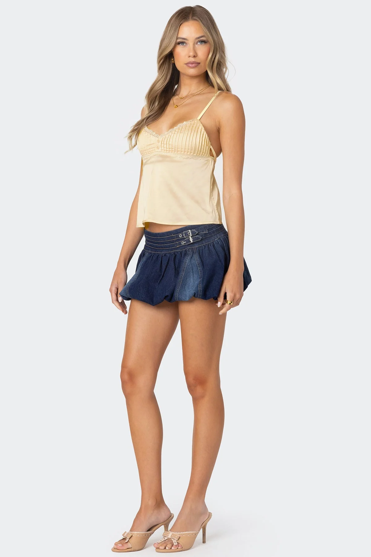 Blue Denim Bubble Skort with Double Belt Detailing