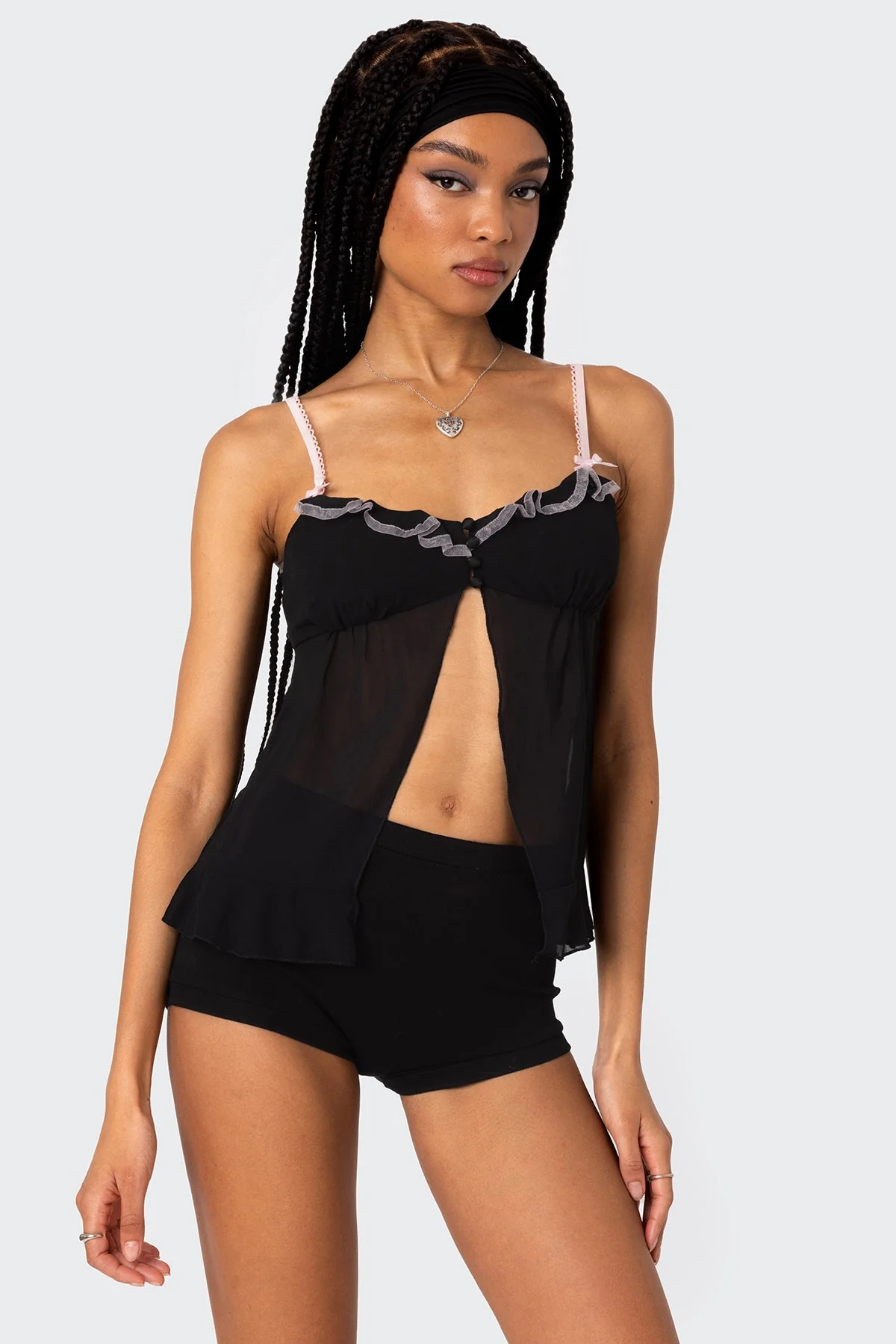 Black Sheer Babydoll Top with Split Front Design