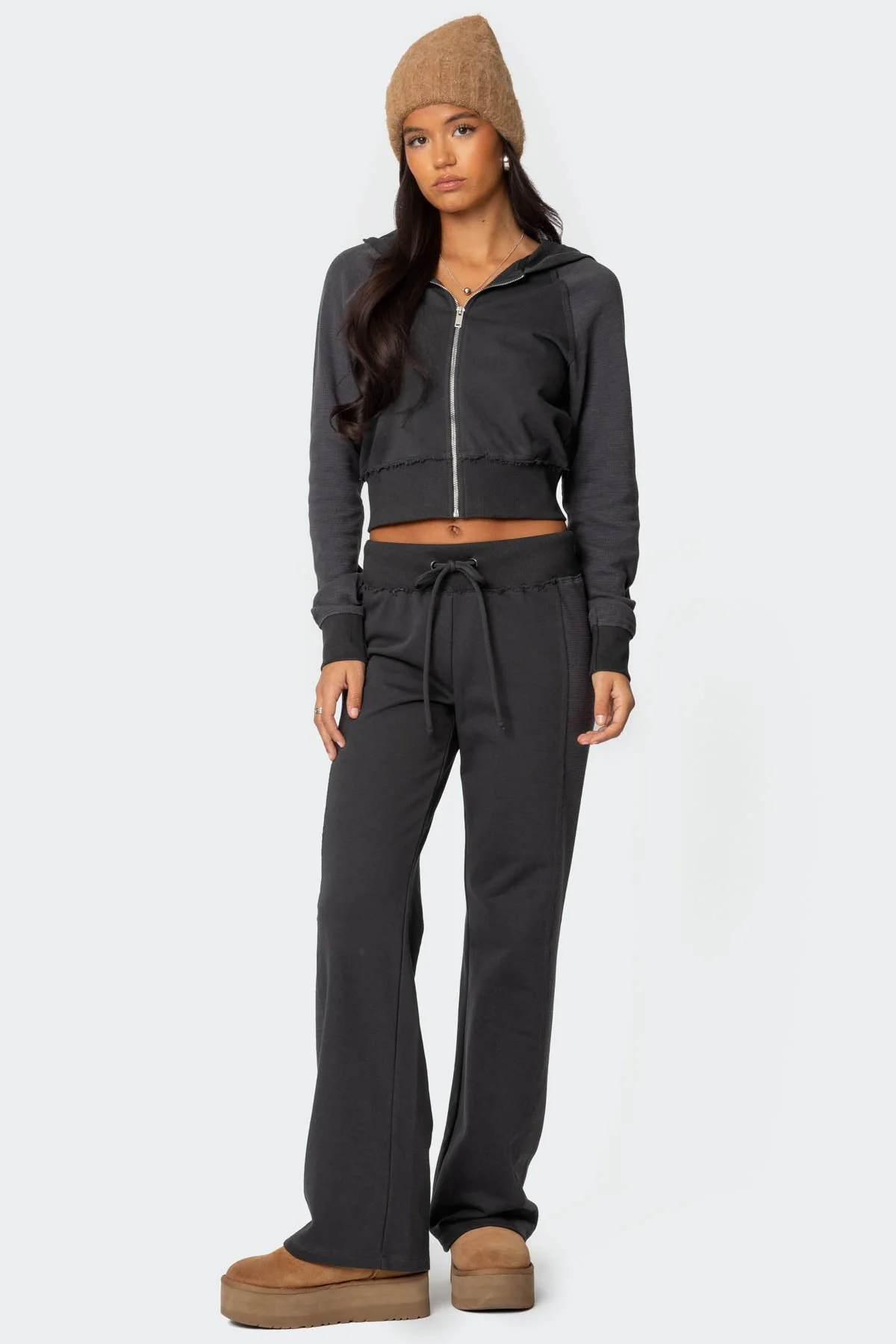 Gray Waffle Hooded Cardigan for Women