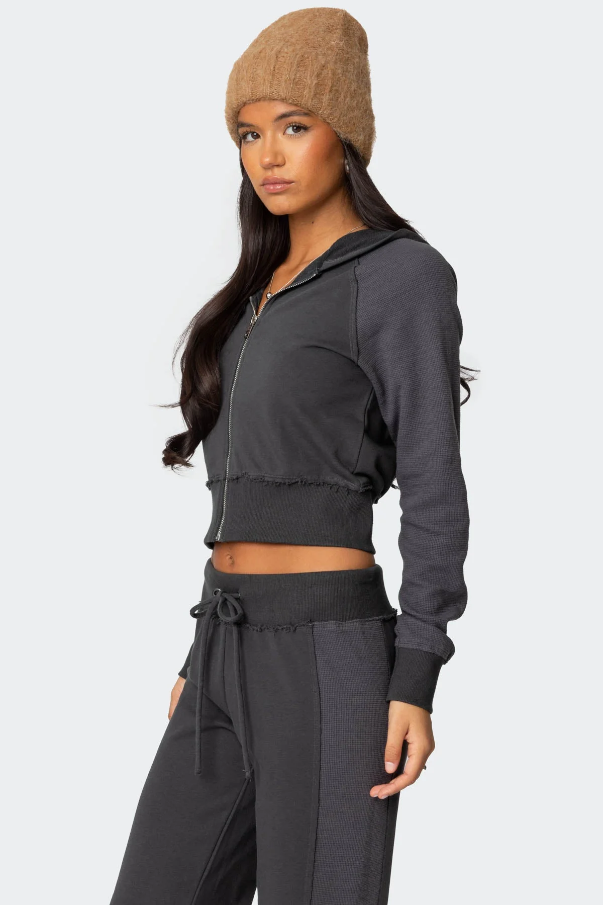 Gray Waffle Hooded Cardigan for Women